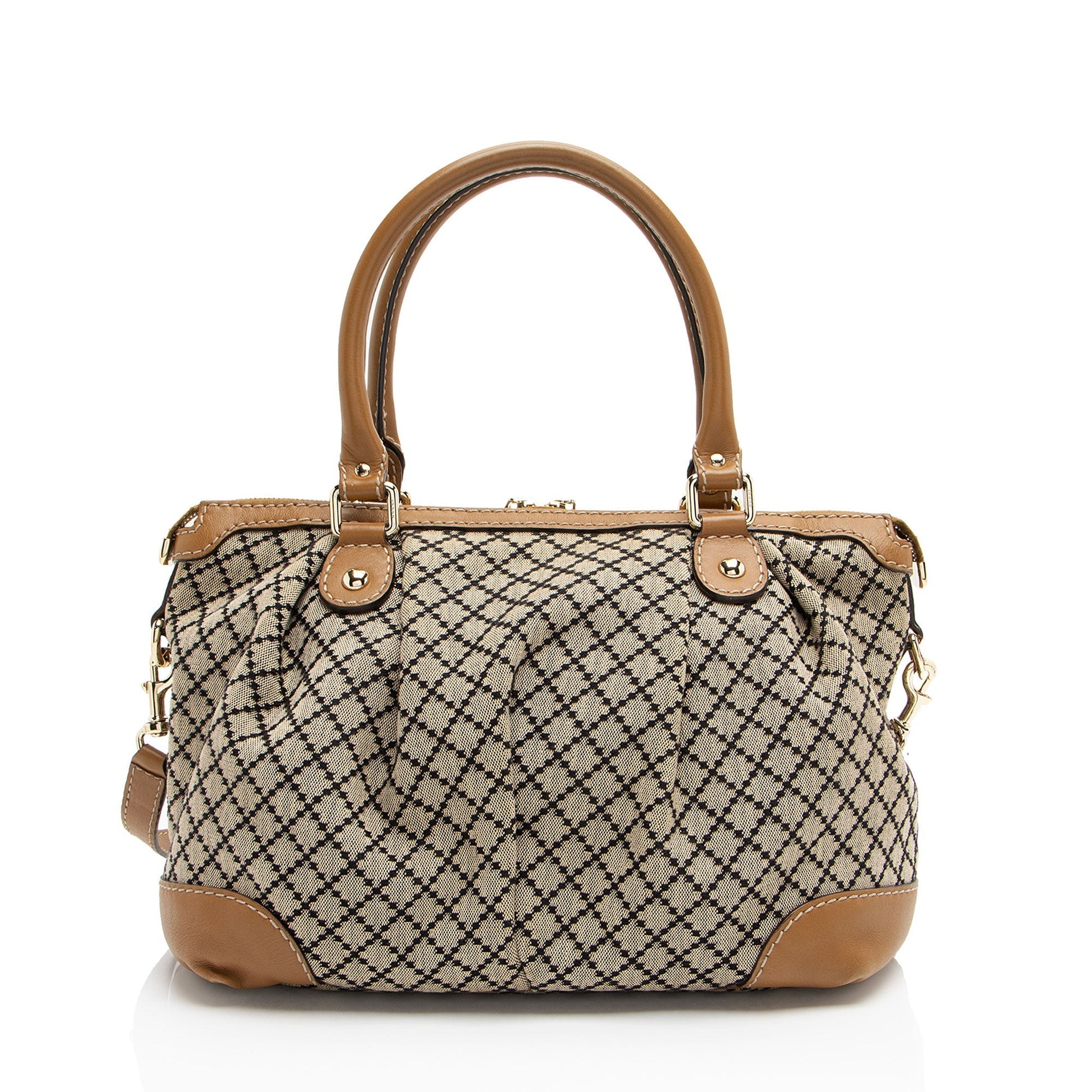 Gucci Diamante Sukey Leather Canvas Brown Beige Satchel Bag