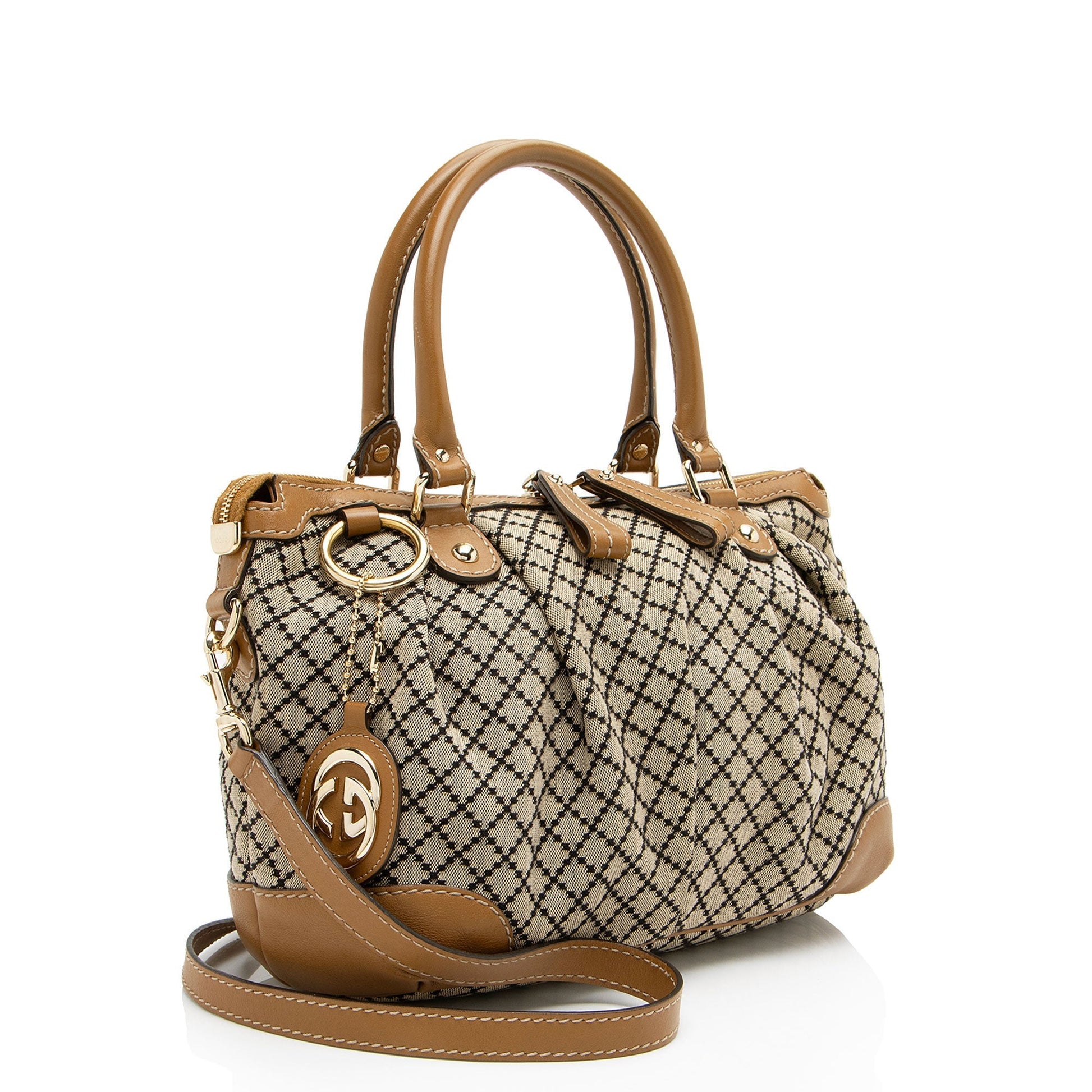 Gucci Diamante Sukey Leather Canvas Brown Beige Satchel Bag