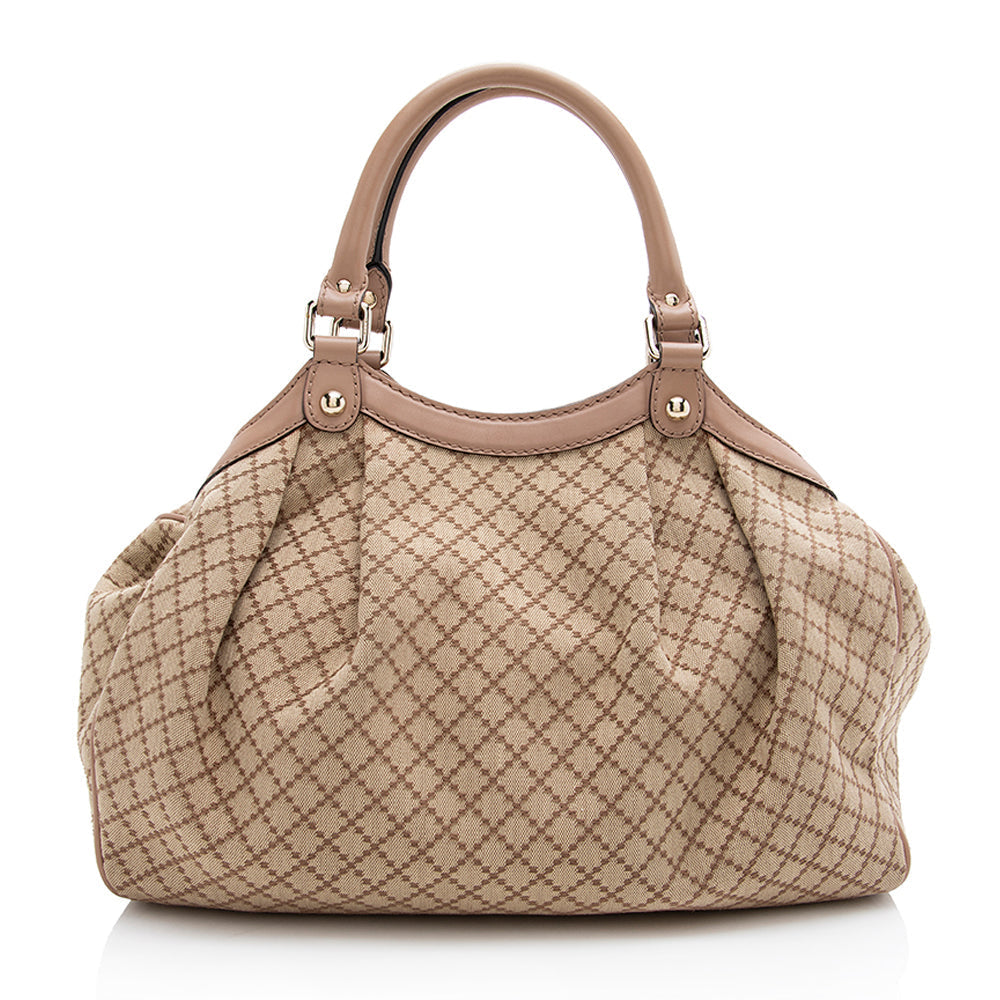 Gucci Diamante Sukey SHF Leather Canvas Beige Pink Tote Bag