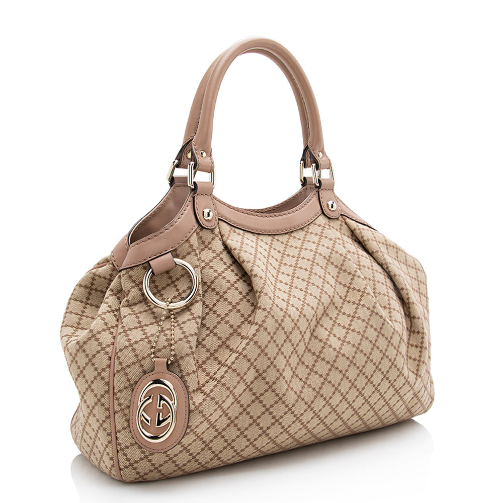 Gucci Diamante Sukey SHF Leather Canvas Beige Pink Tote Bag