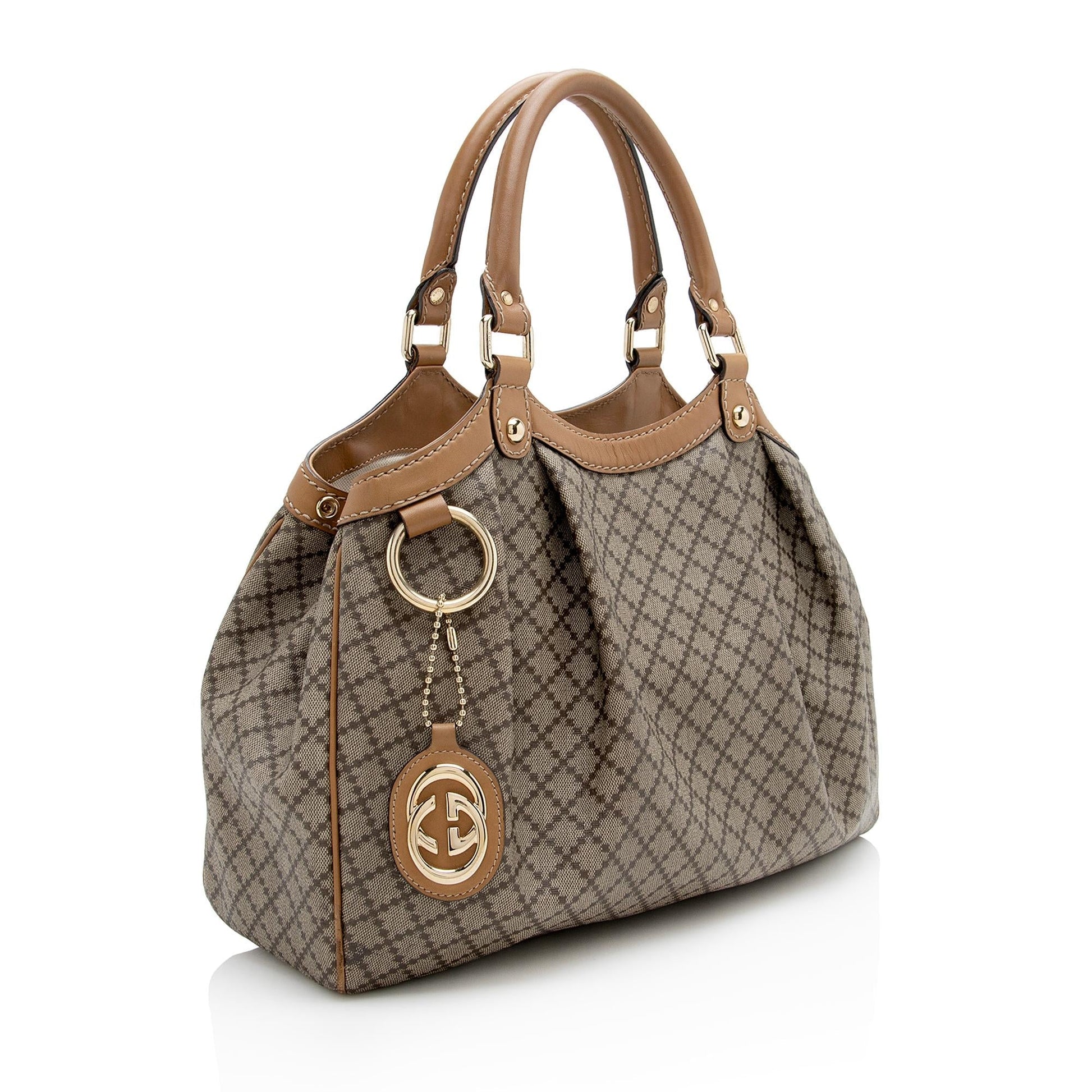Gucci Diamante Sukey - FINAL SHF Leather Canvas Brown Beige Tote Bag