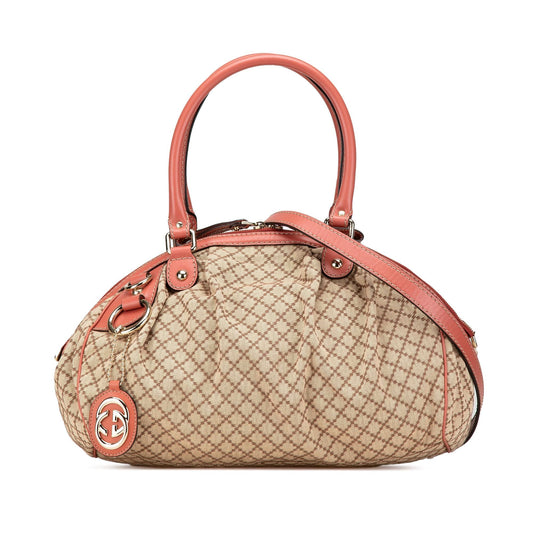 Gucci Diamante Sukey Canvas Calf Brown Pink Satchel Bag