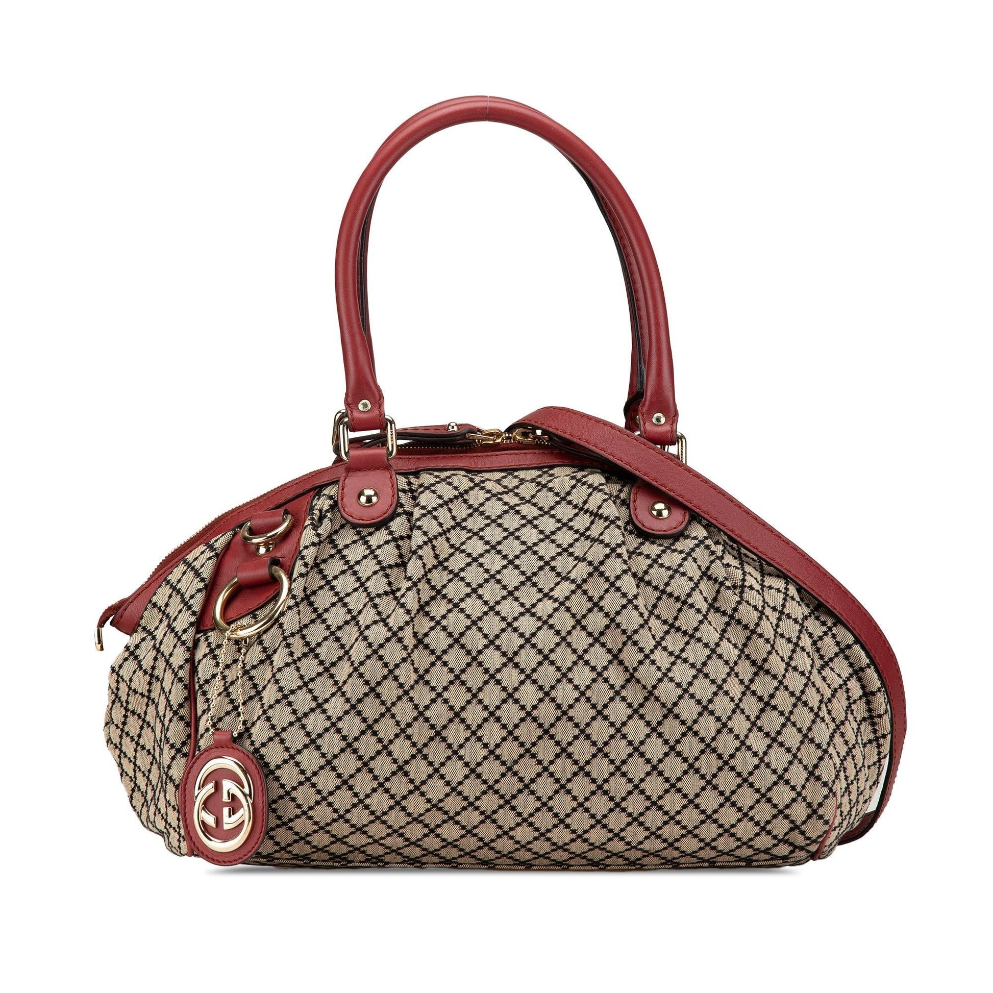 Gucci Diamante Sukey Canvas Calf Brown Red Satchel Bag