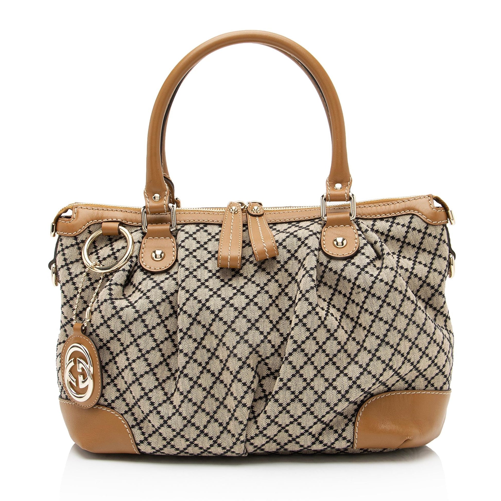 Gucci Diamante Sukey Top Handle SHF Leather Canvas Brown Beige Satchel Bag