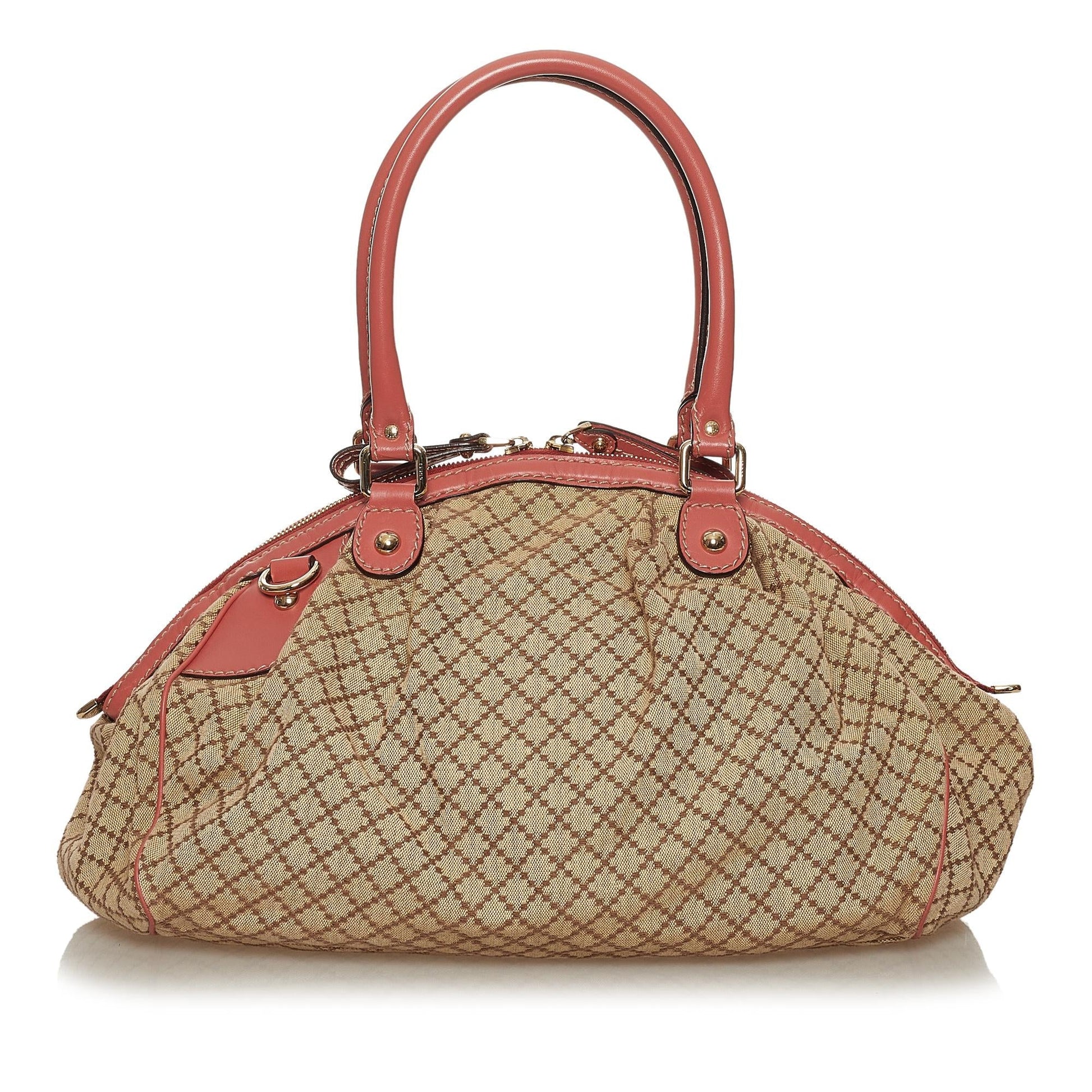 Gucci Diamante Sukey SHG Canvas Brown Pink Satchel Bag Handbag Shg