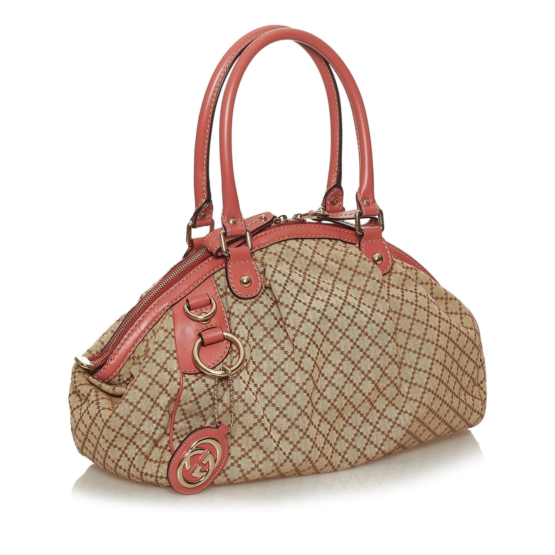 Gucci Diamante Sukey SHG Canvas Brown Pink Satchel Bag Handbag Shg