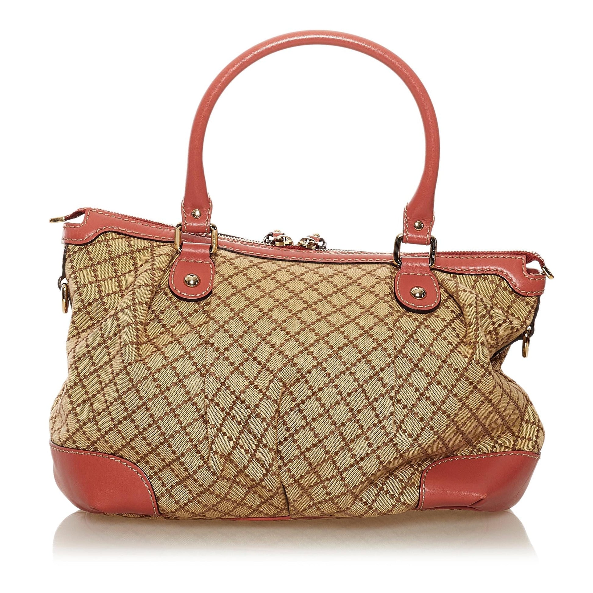 Gucci Diamante Sukey SHG Canvas Calf Brown Pink Satchel Bag