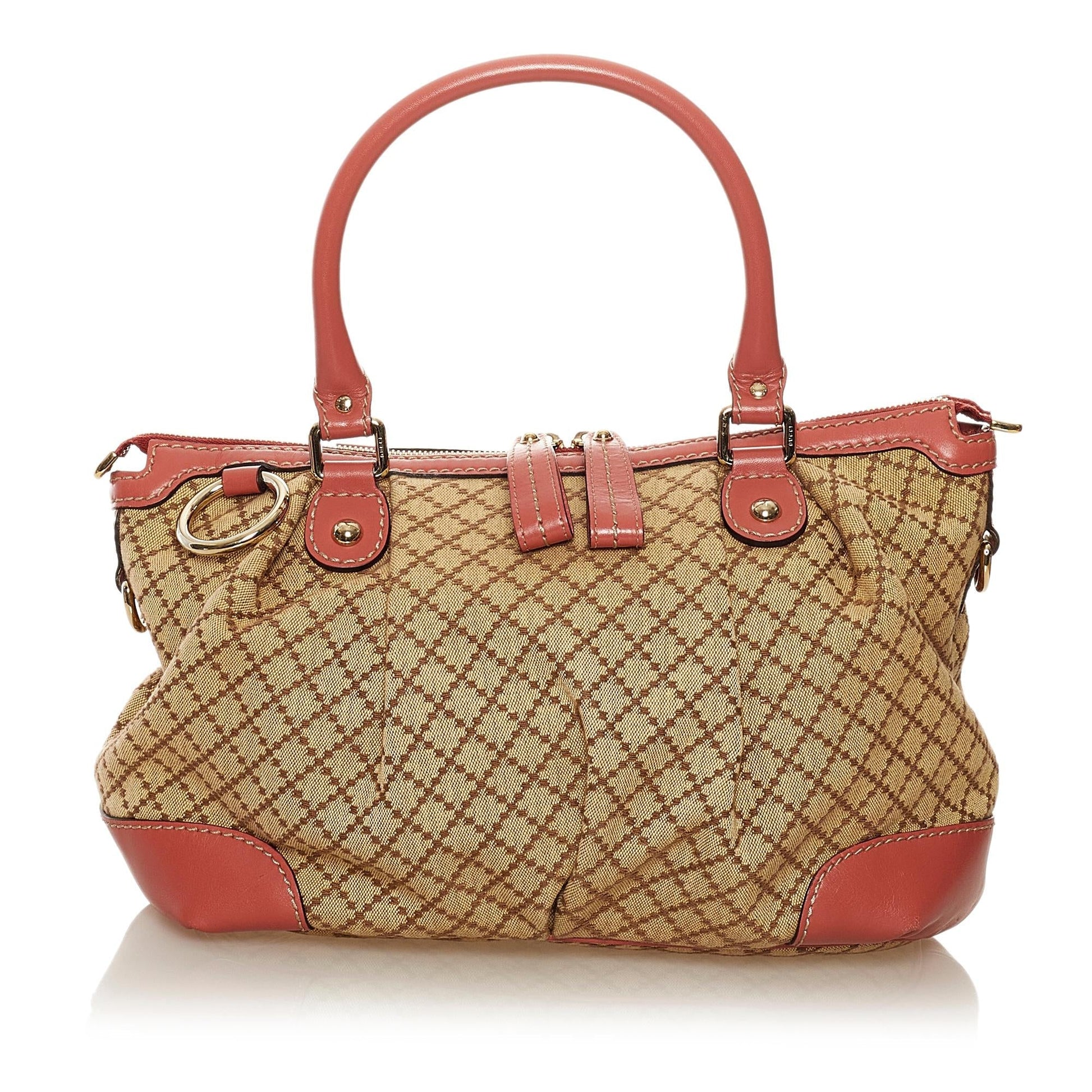 Gucci Diamante Sukey SHG Canvas Calf Brown Pink Satchel Bag