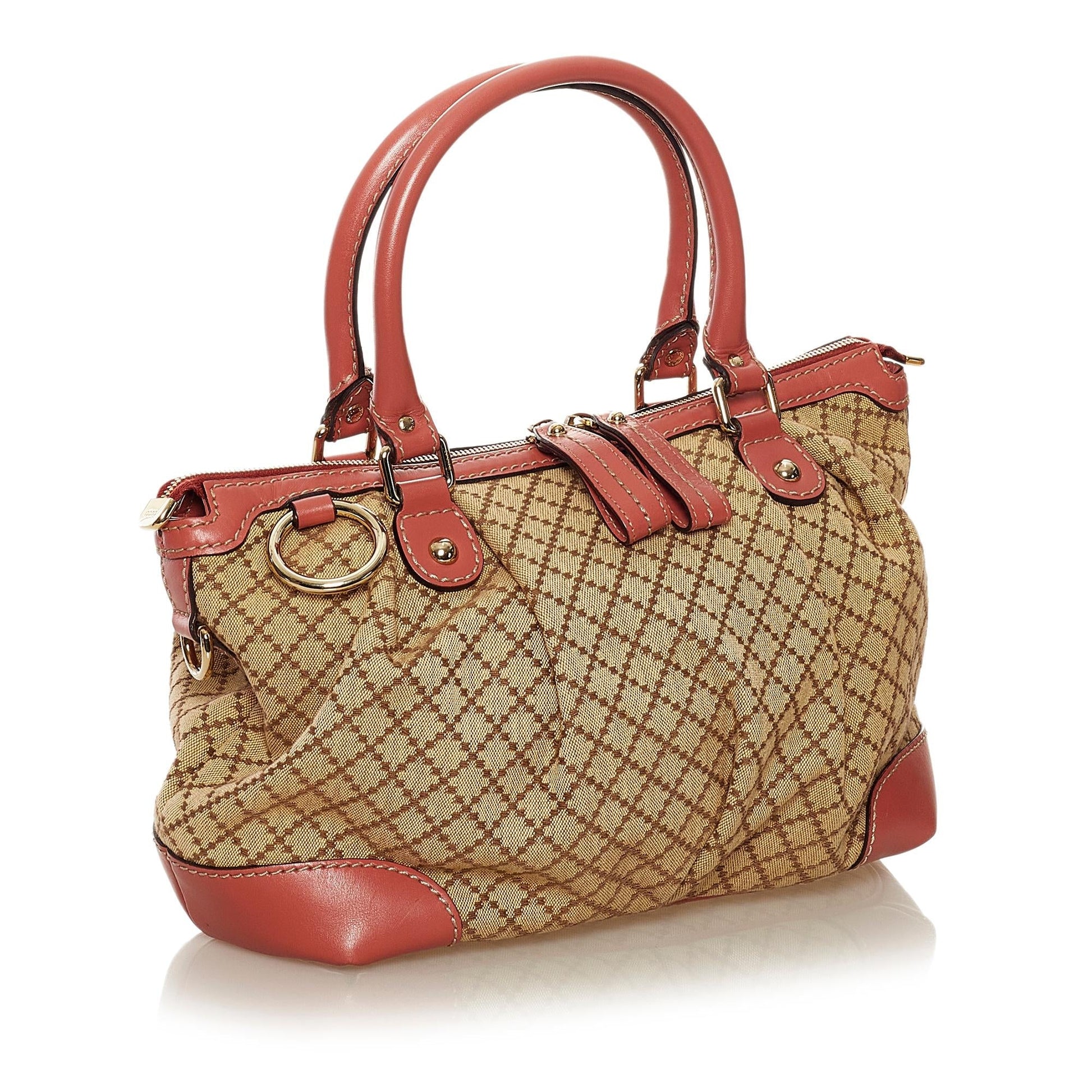 Gucci Diamante Sukey SHG Canvas Calf Brown Pink Satchel Bag