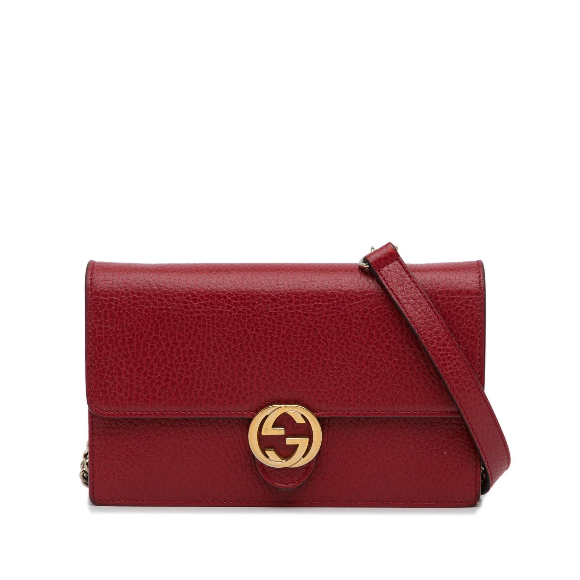 Gucci Dollar Interlocking G Wallet on Calf Red Chain Crossbody Bag Shg Eko1Ks