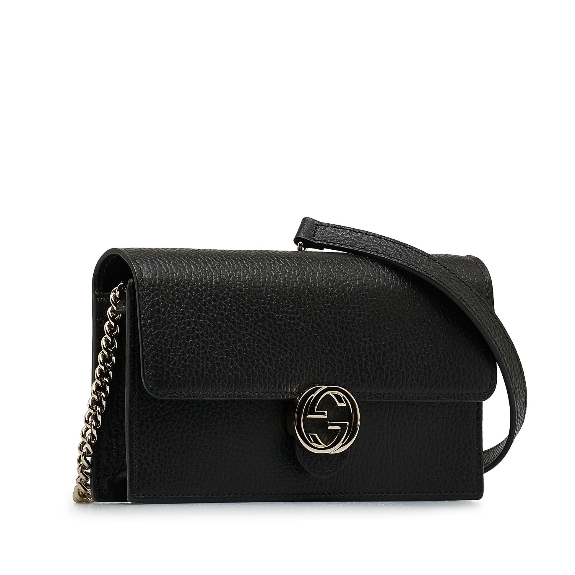 Gucci Dollar Interlocking G Wallet on Calf Black Chain Crossbody Bag Shg I2Yfgn