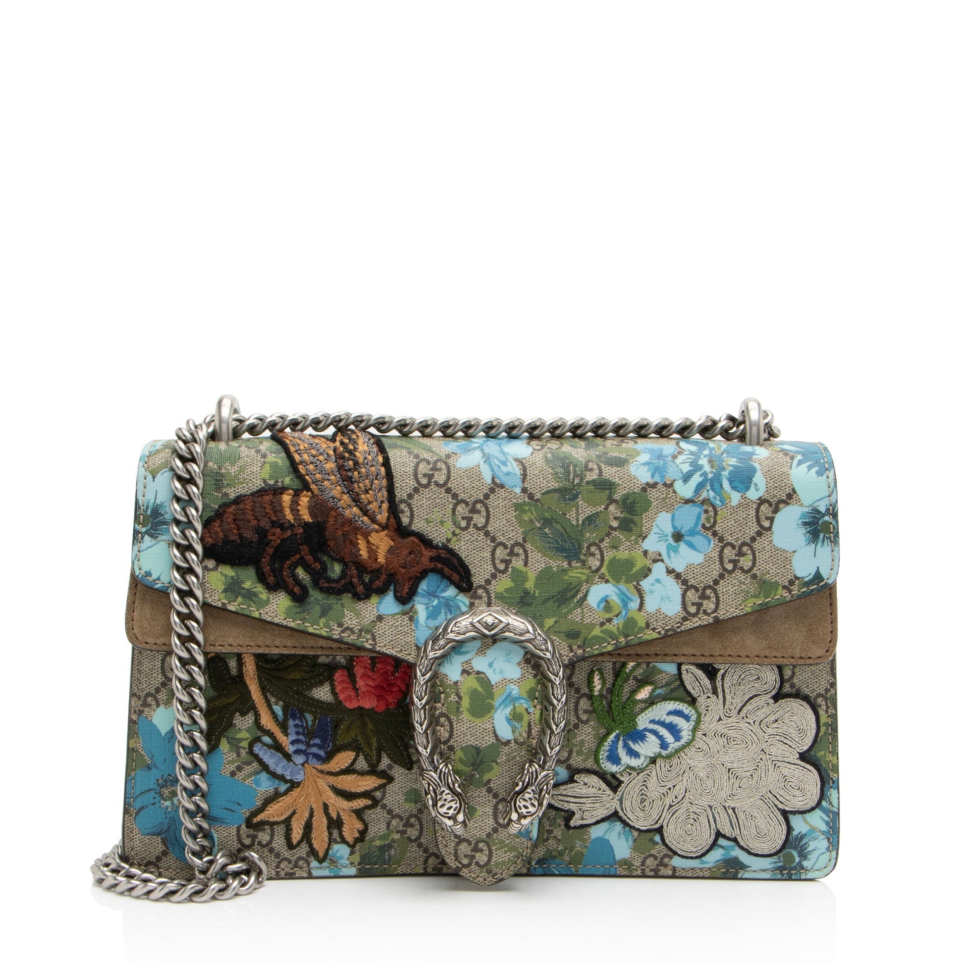 Gucci GG Supreme Blooms Embroidered Dionysus Canvas Suede Beige Small Shoulder Bag