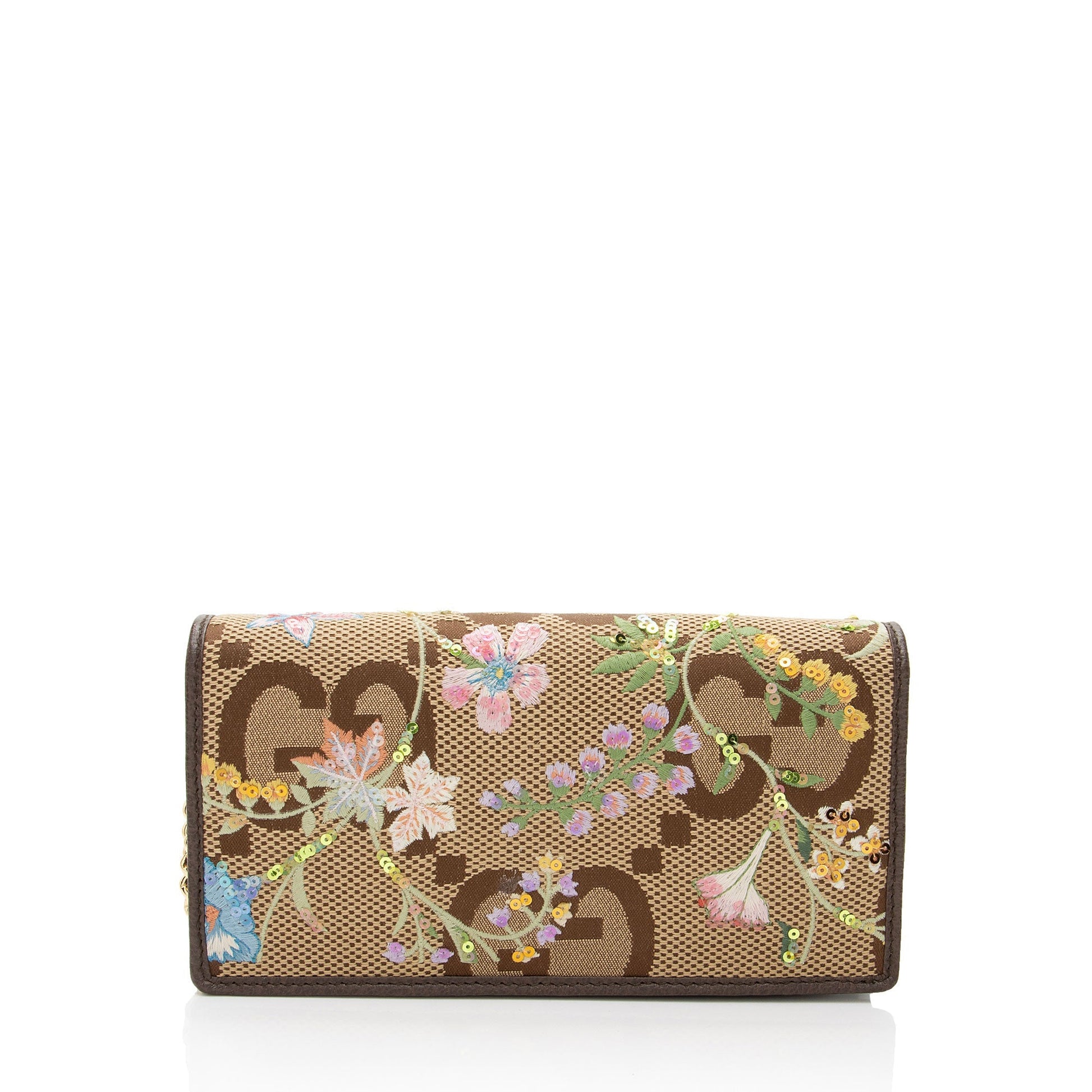 Gucci Embroidered Jumbo GG Horsebit Wallet Leather Canvas Brown Chain Crossbody Bag