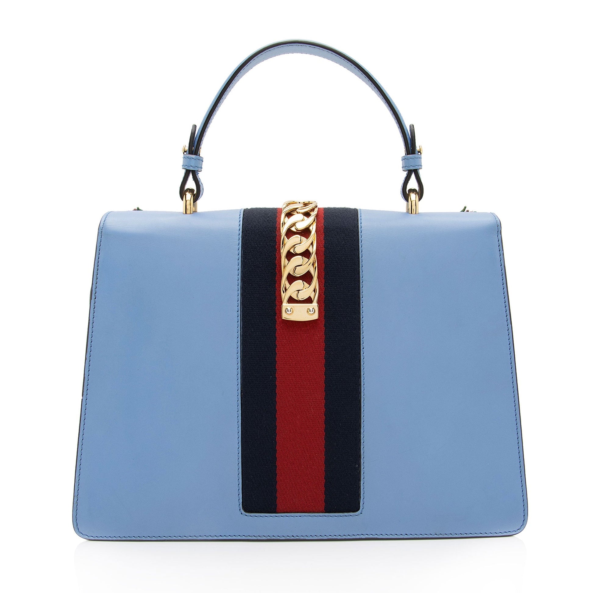 Gucci Embroidered Floral Sylvie SHF-7G6W1J Leather Nylon Blue Top Handle Satchel Bag