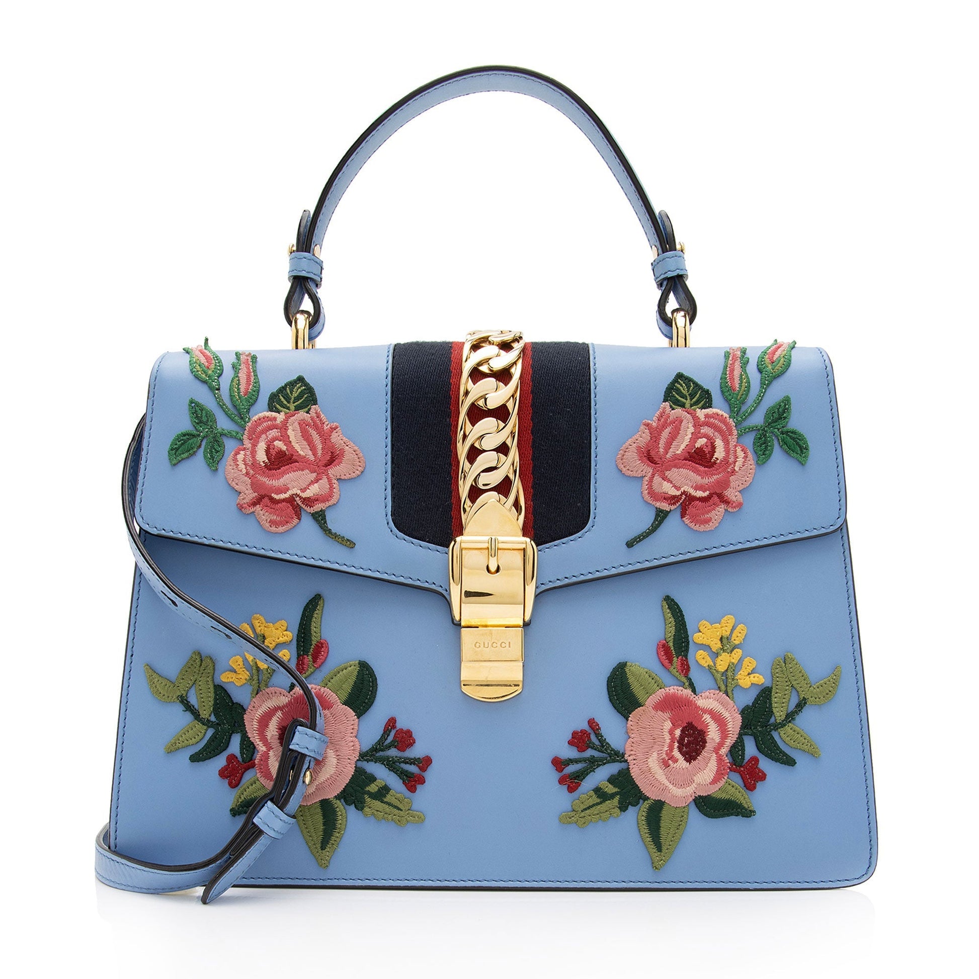 Gucci Embroidered Floral Sylvie SHF-7G6W1J Leather Nylon Blue Top Handle Satchel Bag