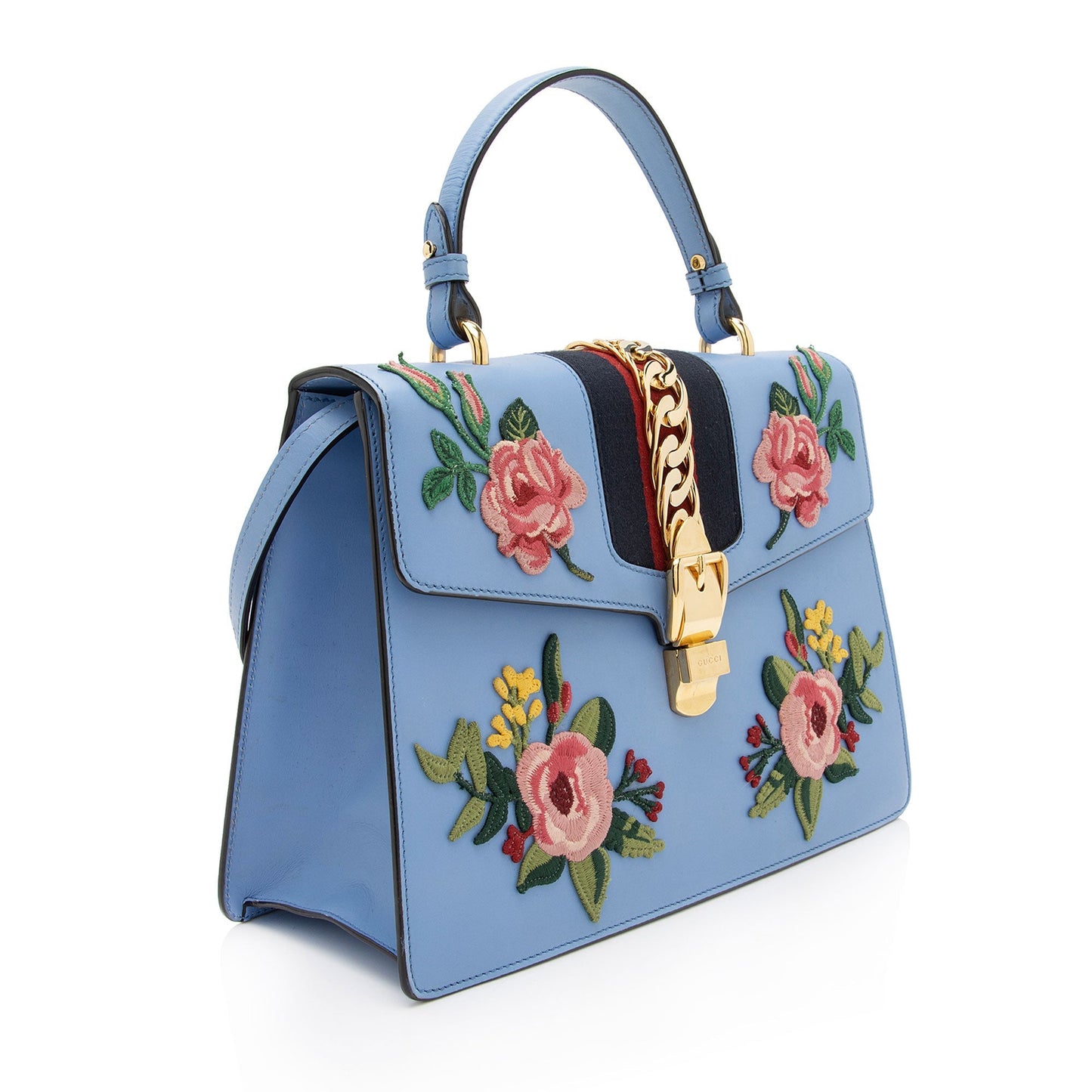 Gucci Embroidered Floral Sylvie SHF-7G6W1J Leather Nylon Blue Top Handle Satchel Bag
