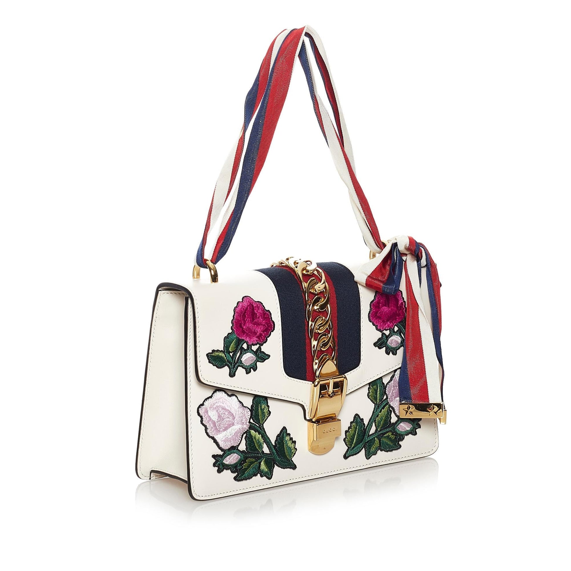 Gucci Embroidered Sylvie SHG Leather Calf White Shoulder Bag