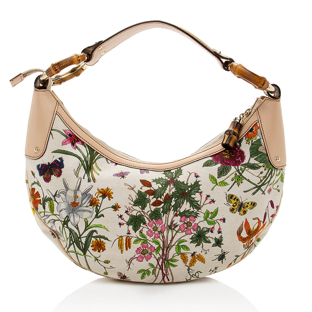 Gucci Flora Bamboo Half Moon SHF Leather Canvas White Medium Shoulder Bag