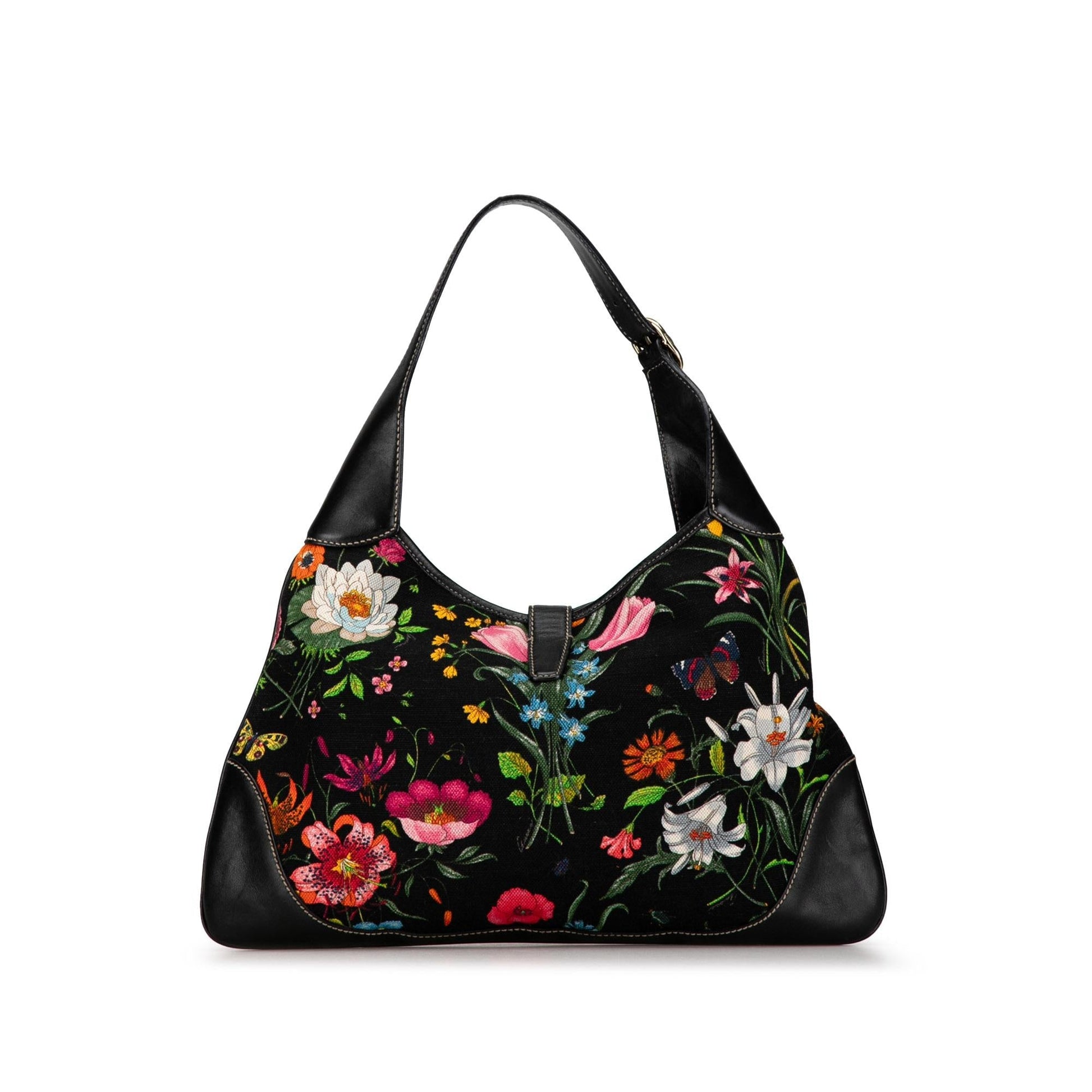 Gucci Flora Jackie O Bouvier SHG-N0nf1j Canvas Calf Black Shoulder Bag