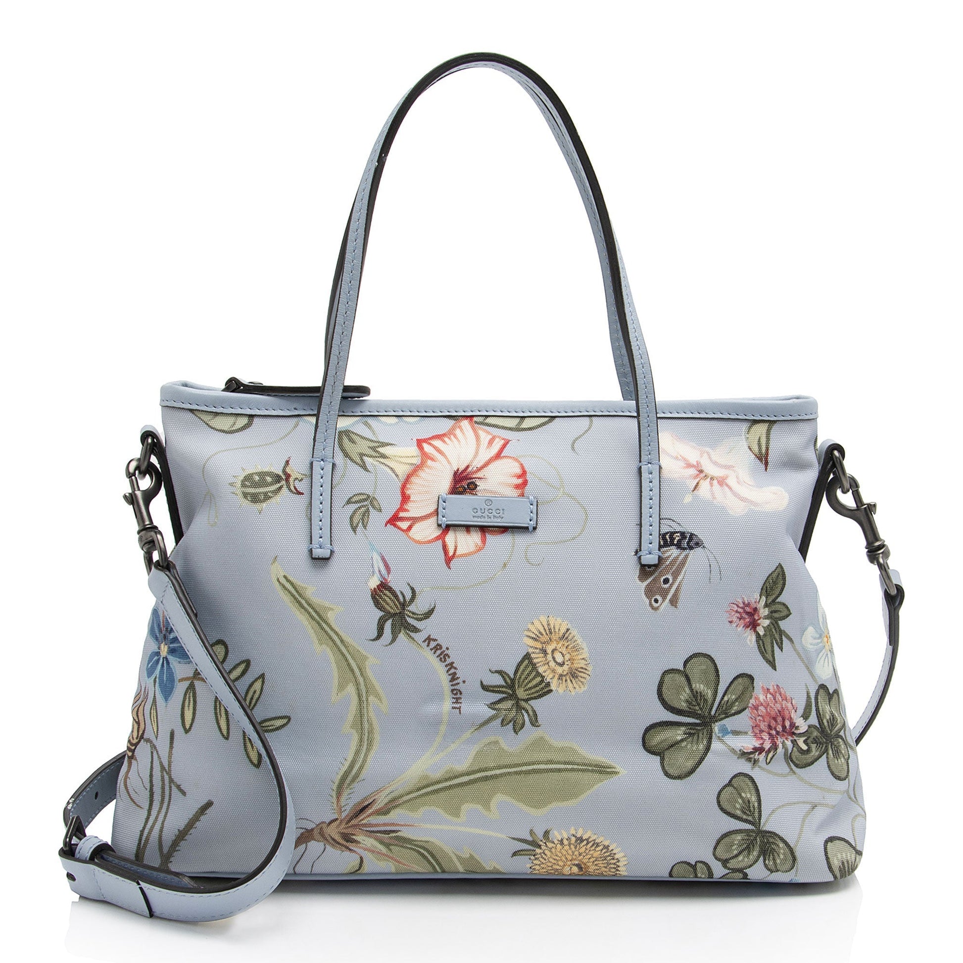 Gucci Flora Zip SHF-0uKTTK Leather Canvas Blue Medium Tote Bag