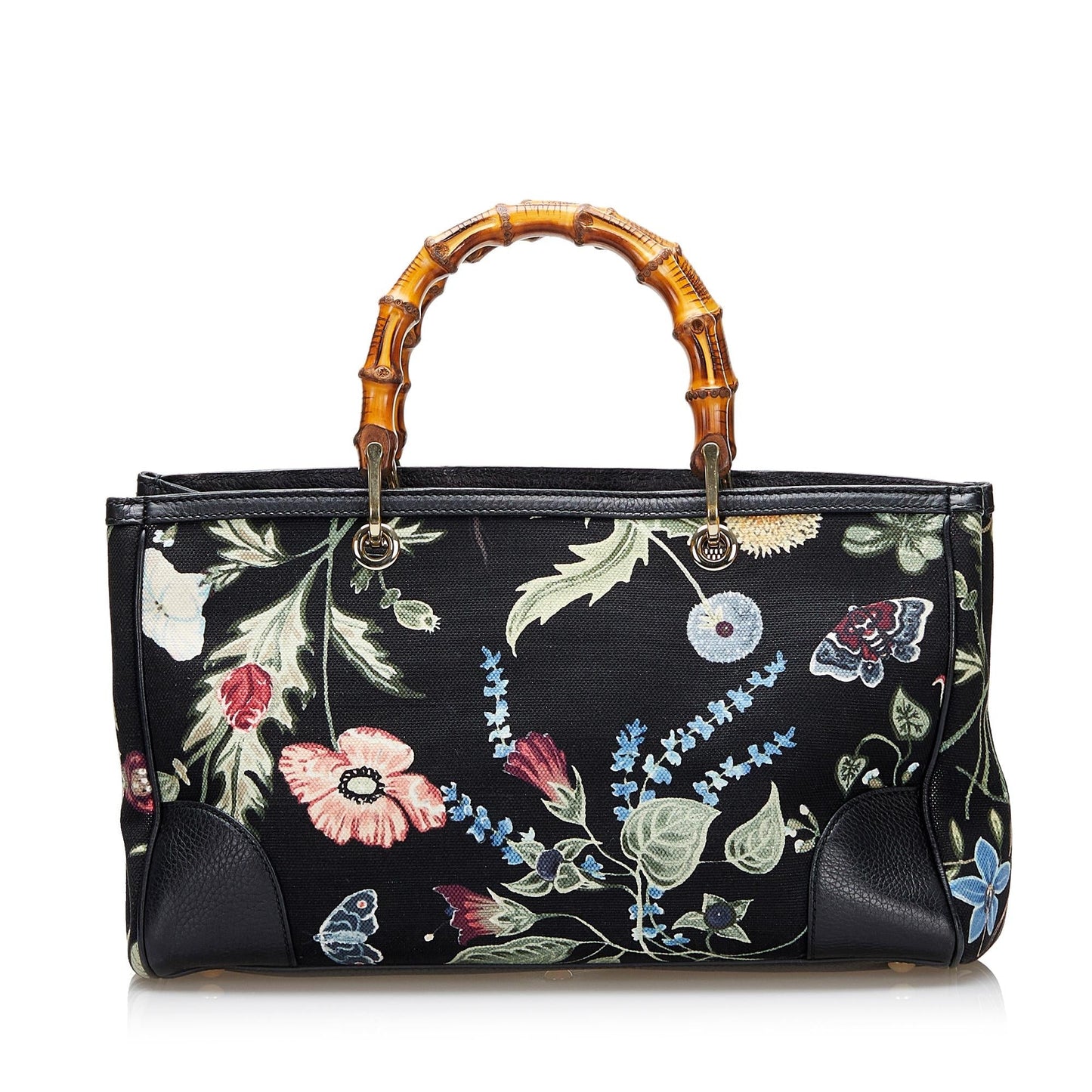 Gucci Flora Knight Bamboo Shopper SHG Canvas Black Satchel Bag
