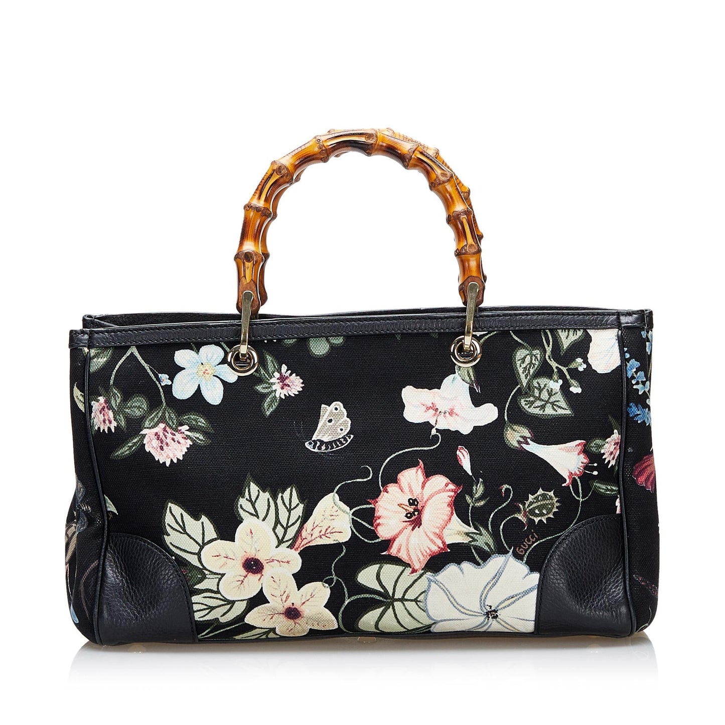 Gucci Flora Knight Bamboo Shopper SHG Canvas Black Satchel Bag