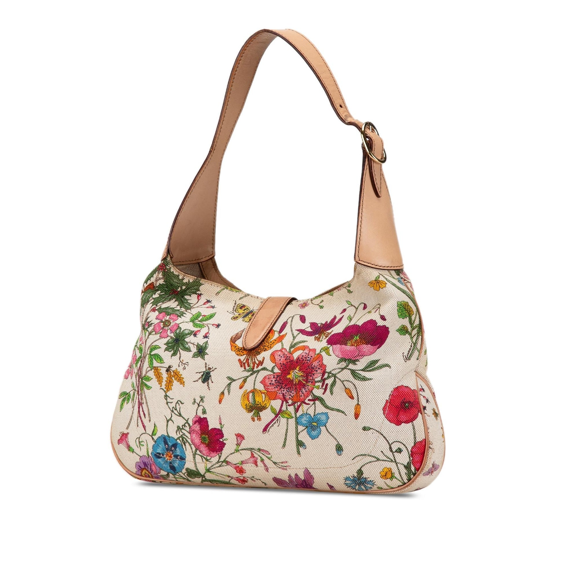 Gucci Flora New Jackie SHG-3GVtqV Canvas Calf White Shoulder Bag
