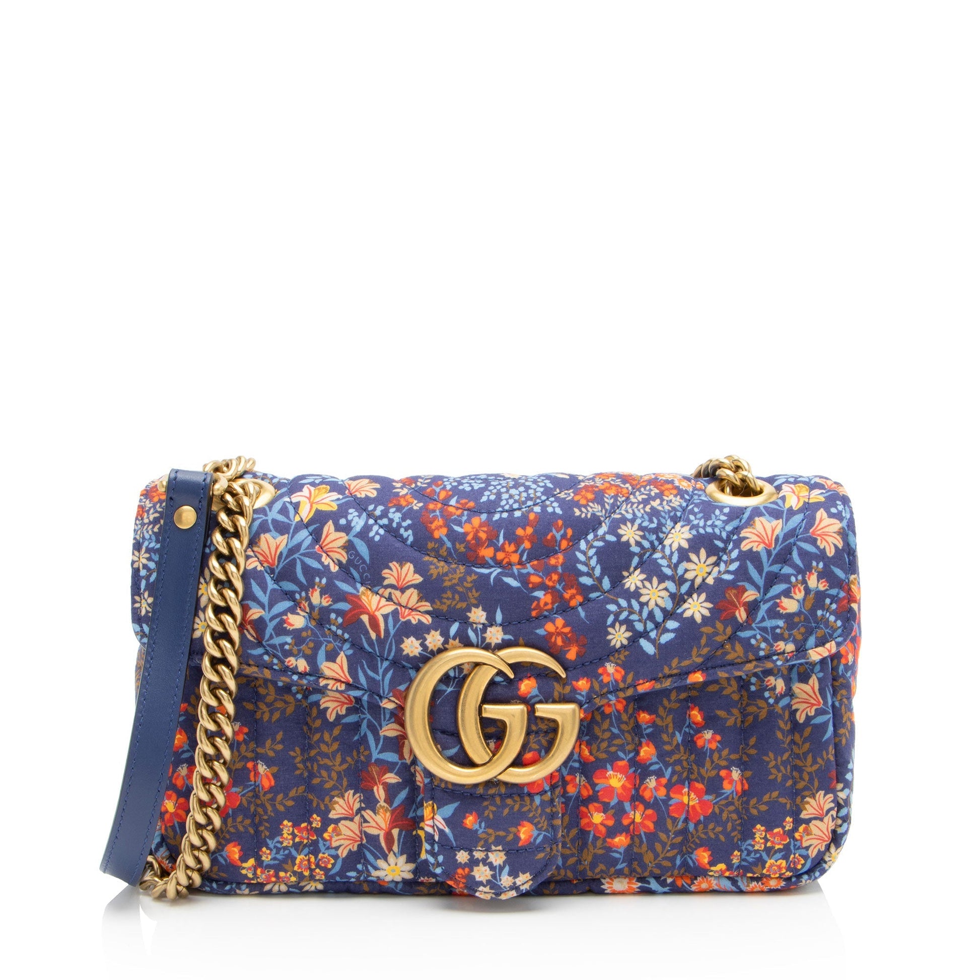 Gucci Floral Cotton GG Marmont Flap Matelasse Leather Blue Small Crossbody Bag