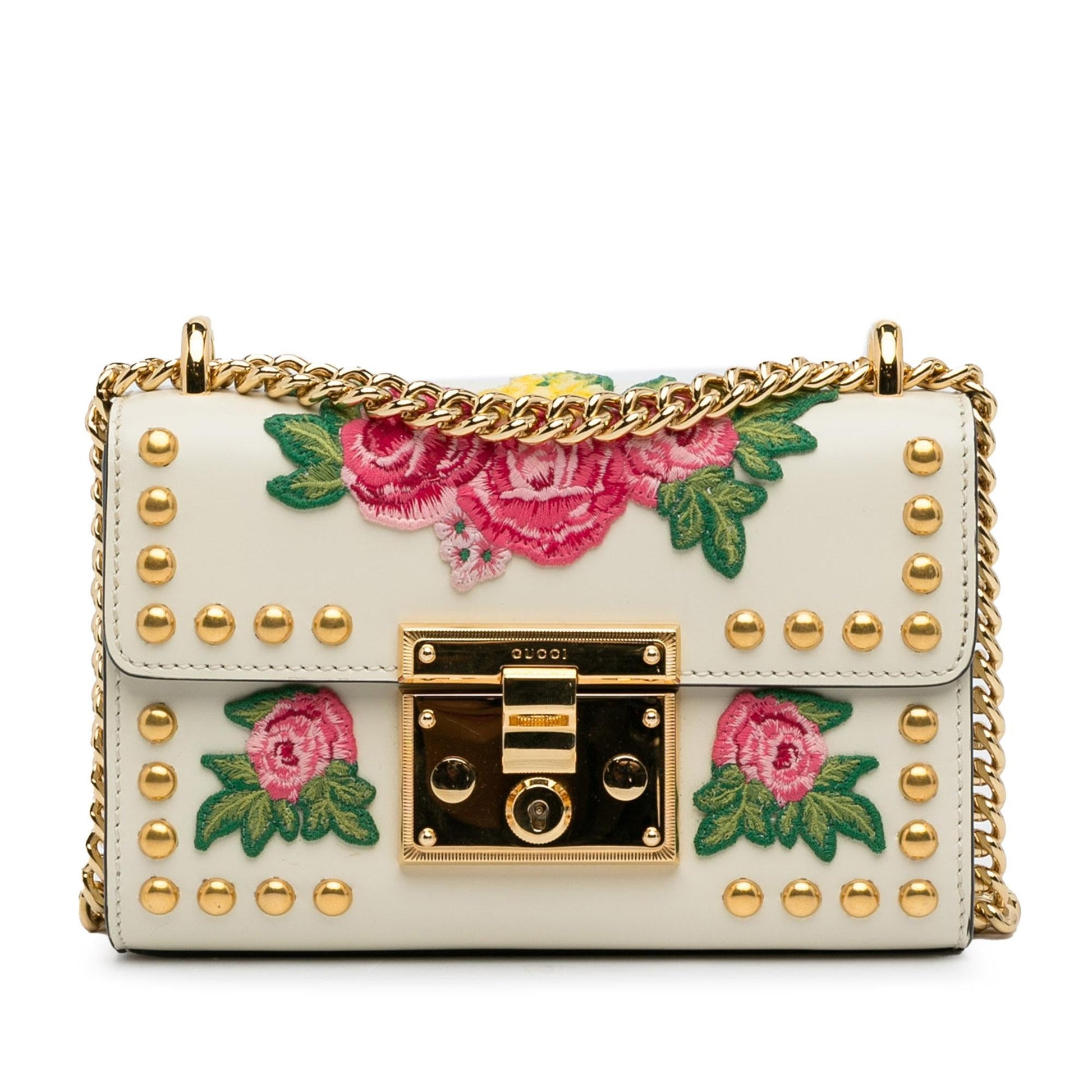 Gucci Floral Studded Padlock SHG-0r94kw Calf White Shoulder Bag
