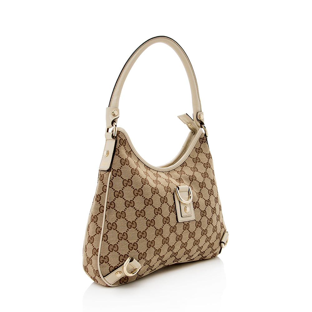 Gucci GG Abbey SHF Leather Canvas White Beige Shoulder Bag