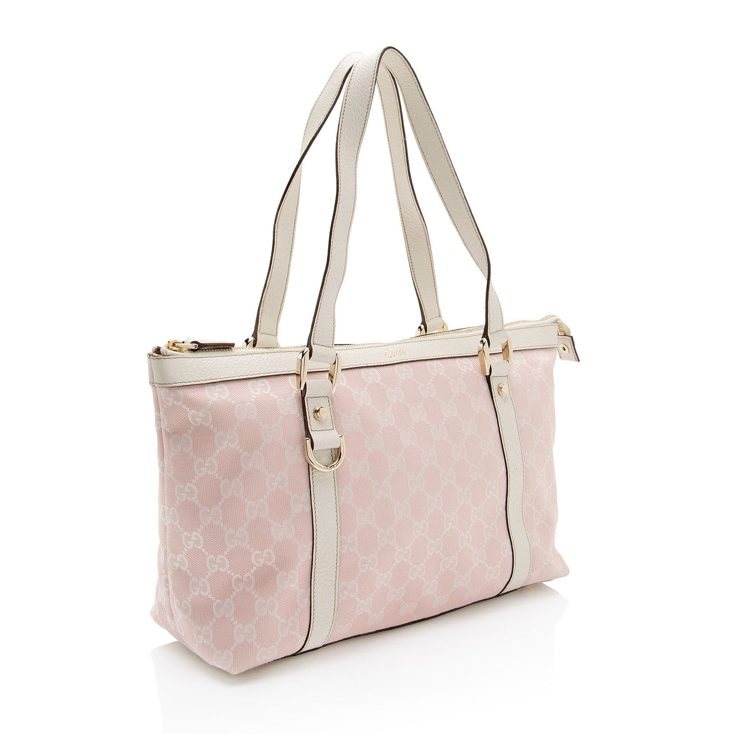 Gucci GG Abbey SHF-M6QWPr Leather Canvas White Pink Tote Bag