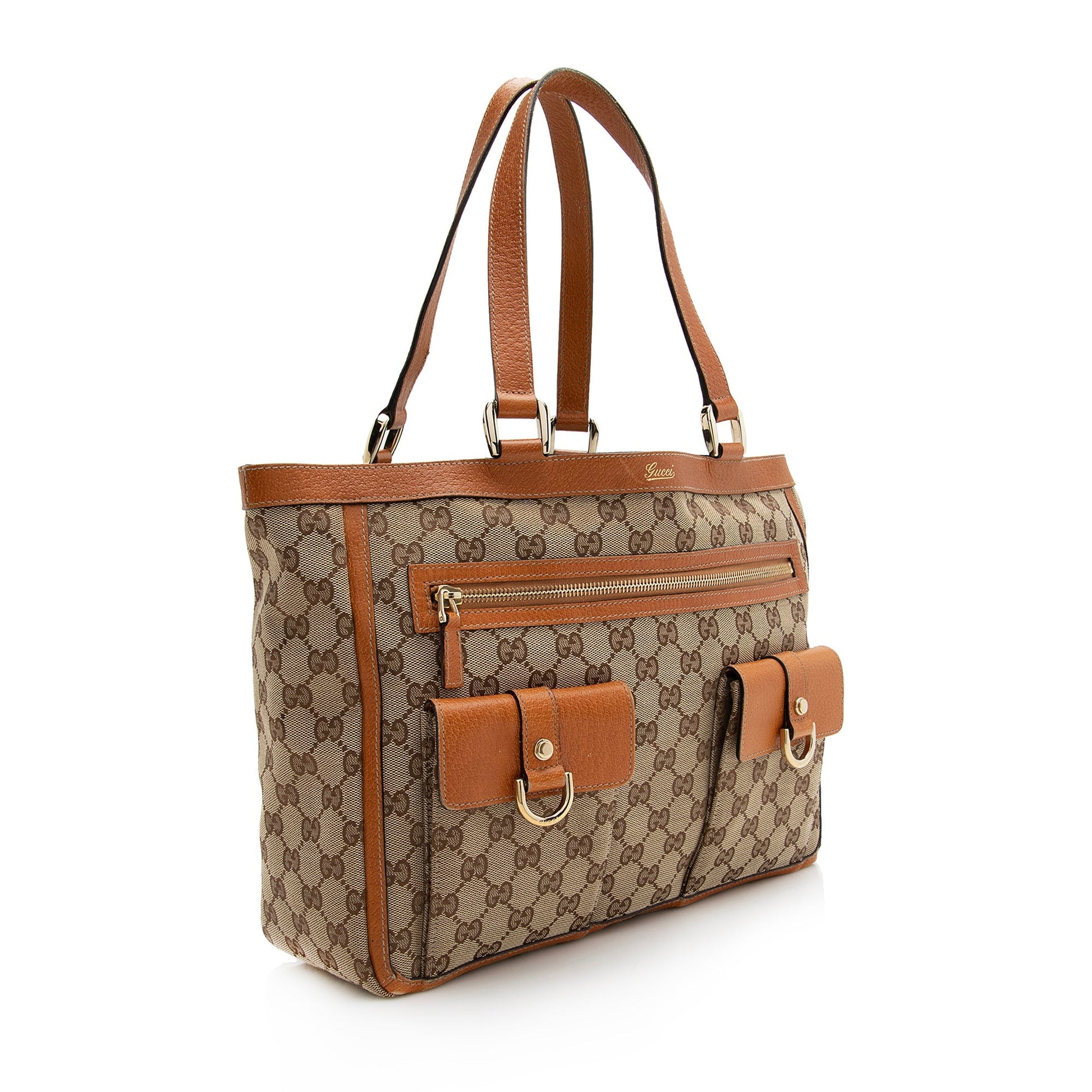 Gucci GG Abbey Pocket SHF Leather Canvas Beige Orange Tote Bag