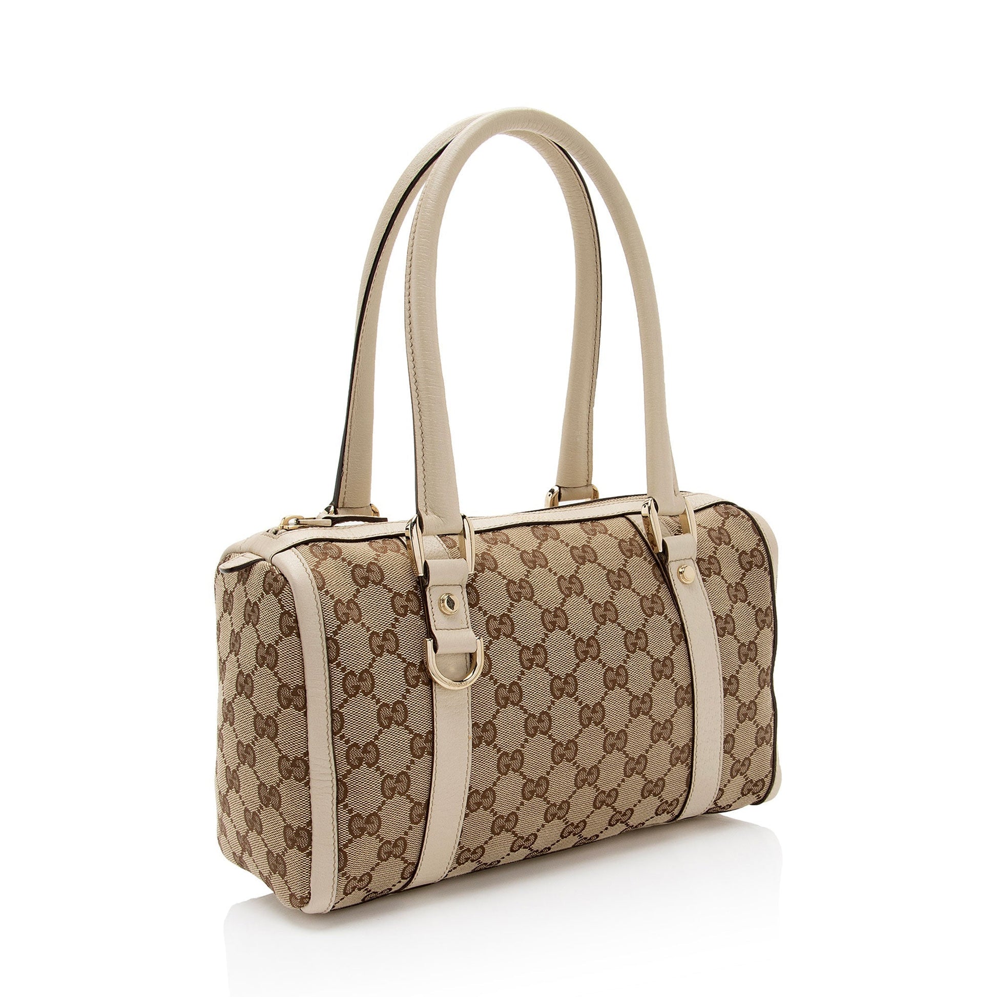 Gucci GG Abbey Boston SHF-9Sy7AQ Leather Canvas White Beige Satchel Bag