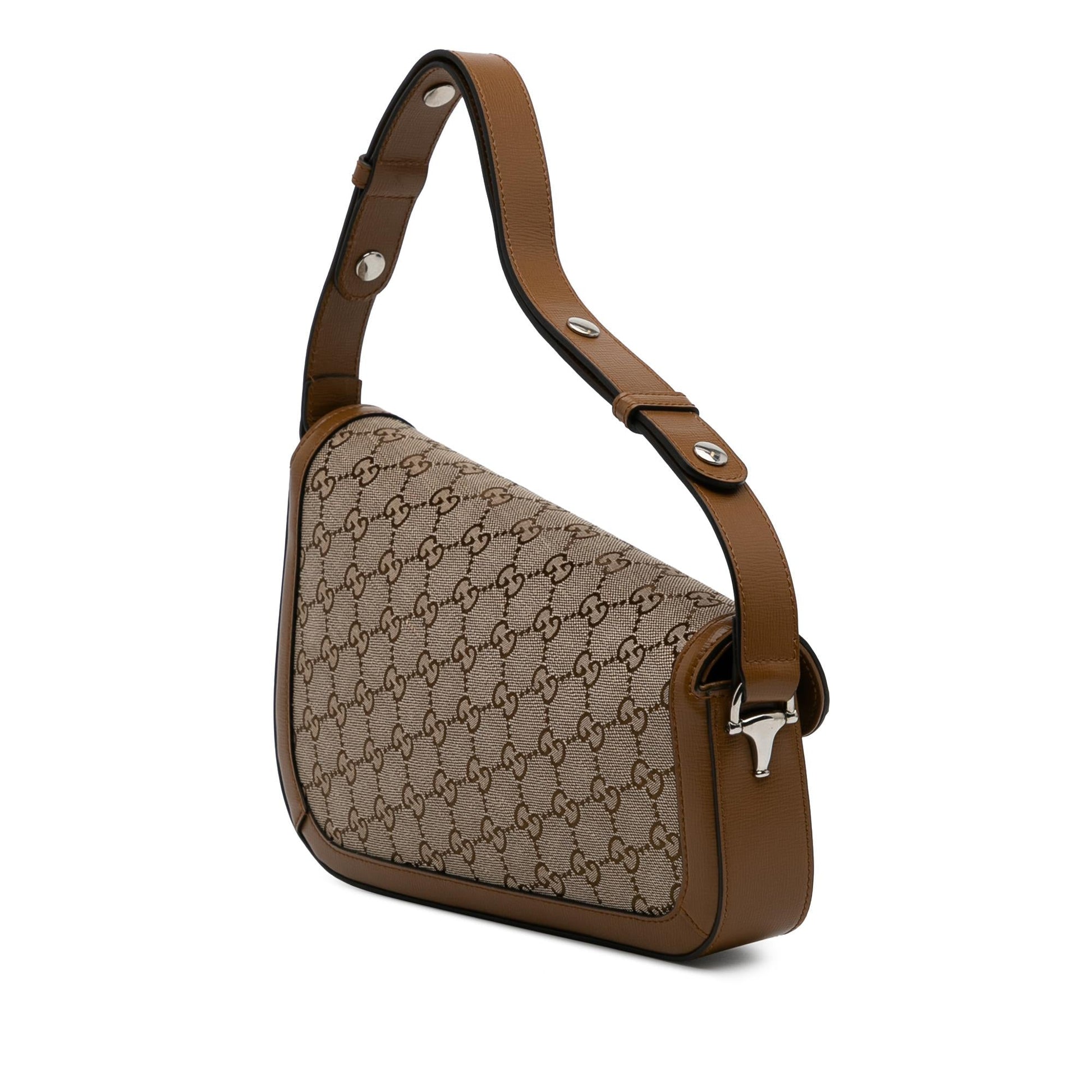 Gucci GG Asymmetric Horsebit Canvas Brown Shoulder Bag