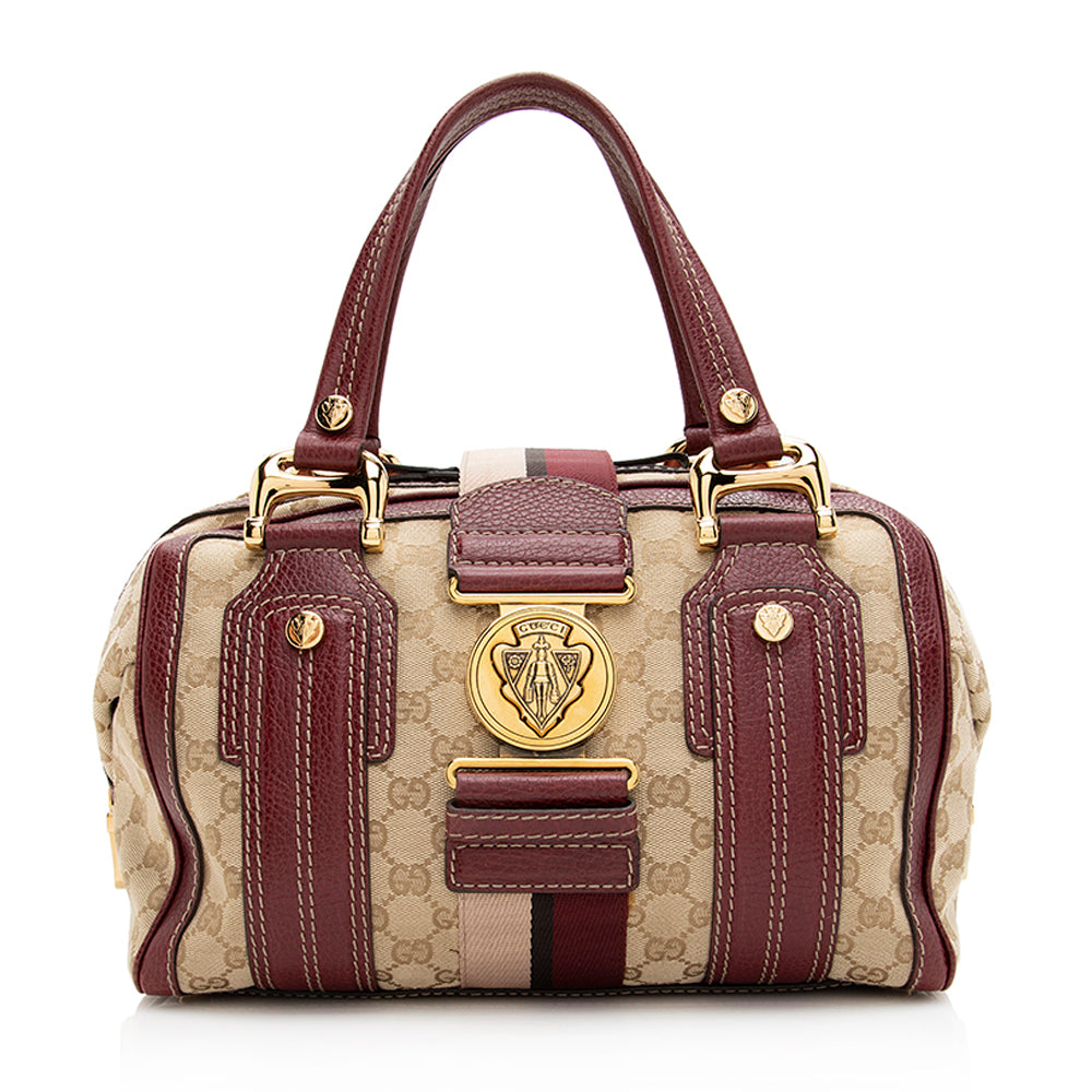 Gucci GG Aviatrix Boston SHF Leather Canvas Beige Red Satchel Bag