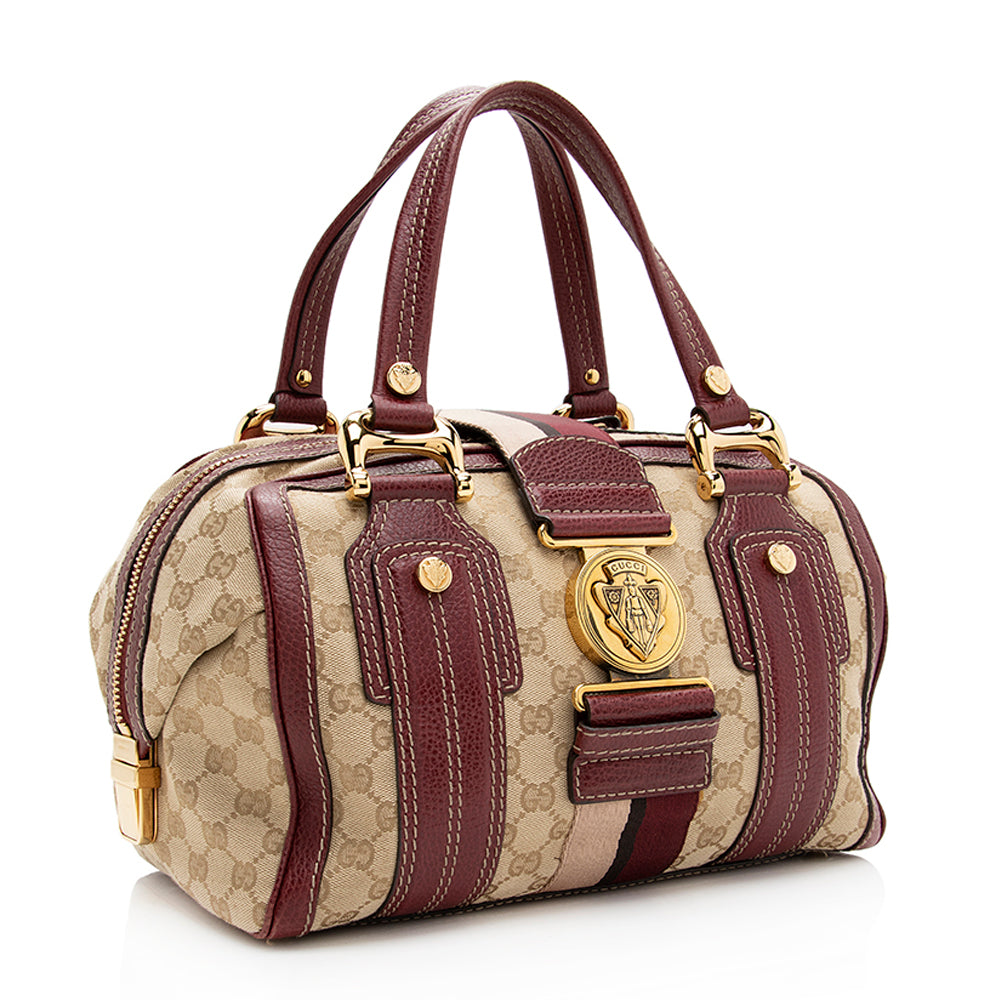Gucci GG Aviatrix Boston SHF Leather Canvas Beige Red Satchel Bag