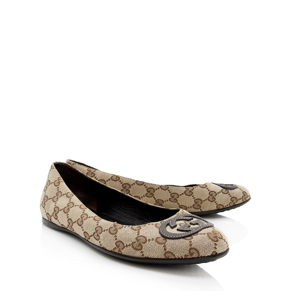Gucci GG Ballet Flats - Size Leather Canvas Beige Shoes