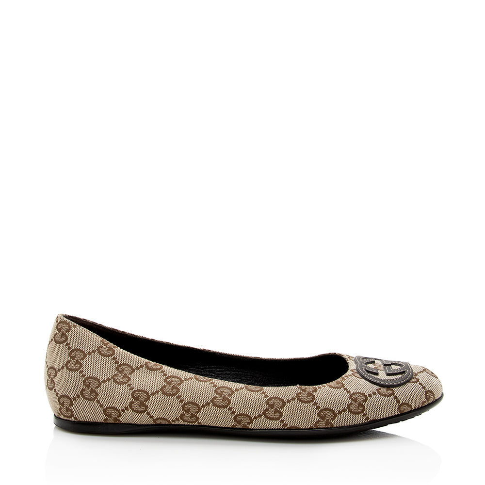 Gucci GG Ballet Flats - Size Leather Canvas Beige Shoes