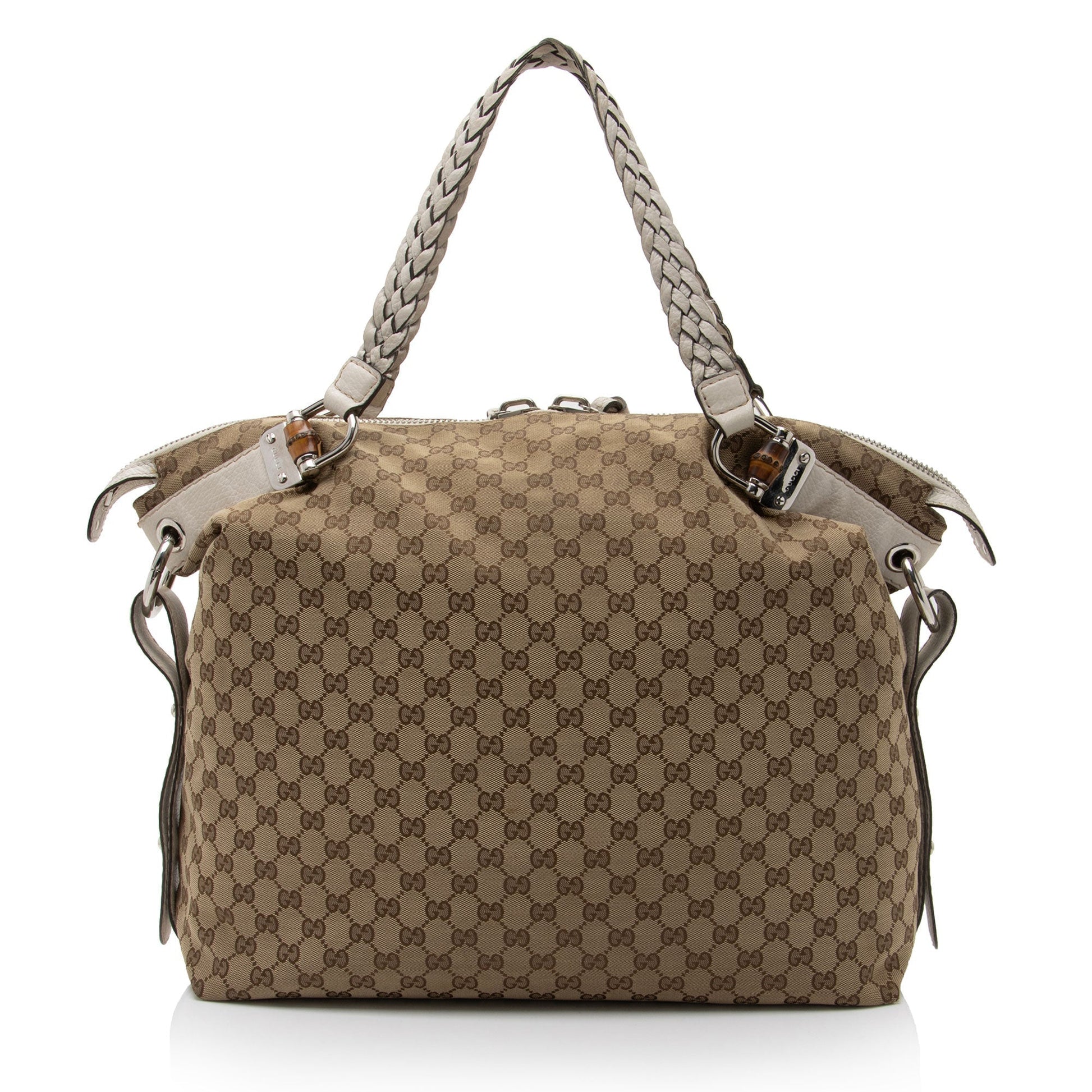 Gucci GG Bamboo Bar SHF-8uUHe9 Leather Canvas White Beige Tote Bag