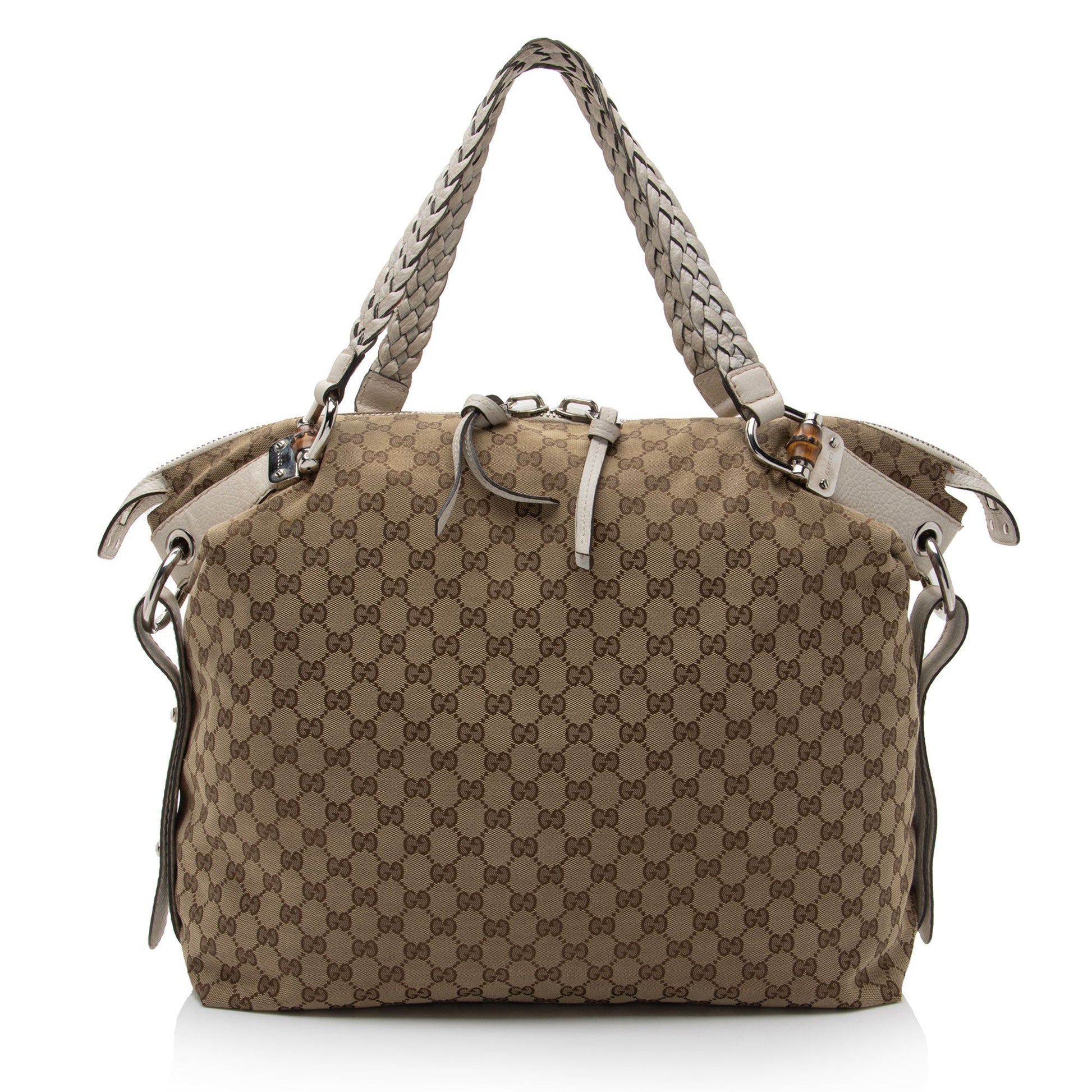 Gucci GG Bamboo Bar SHF-8uUHe9 Leather Canvas White Beige Tote Bag