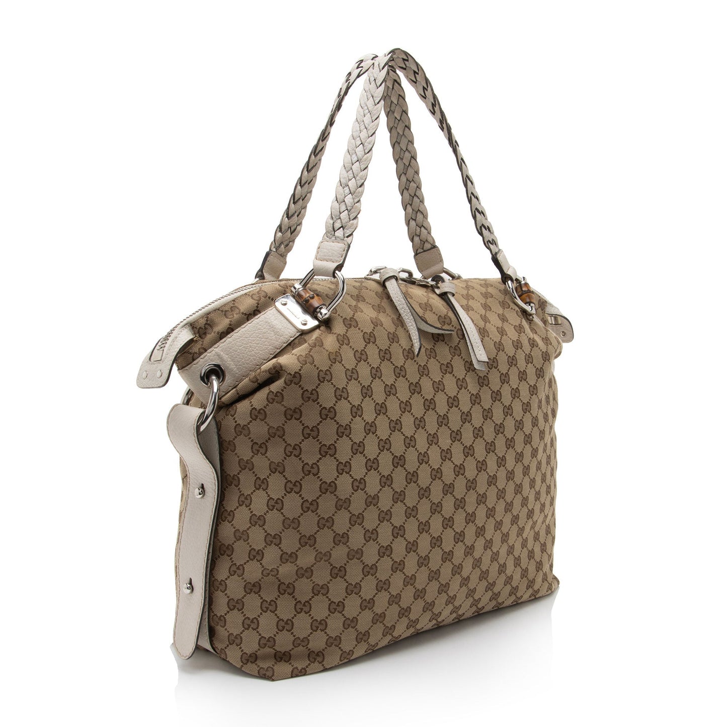 Gucci GG Bamboo Bar SHF-8uUHe9 Leather Canvas White Beige Tote Bag
