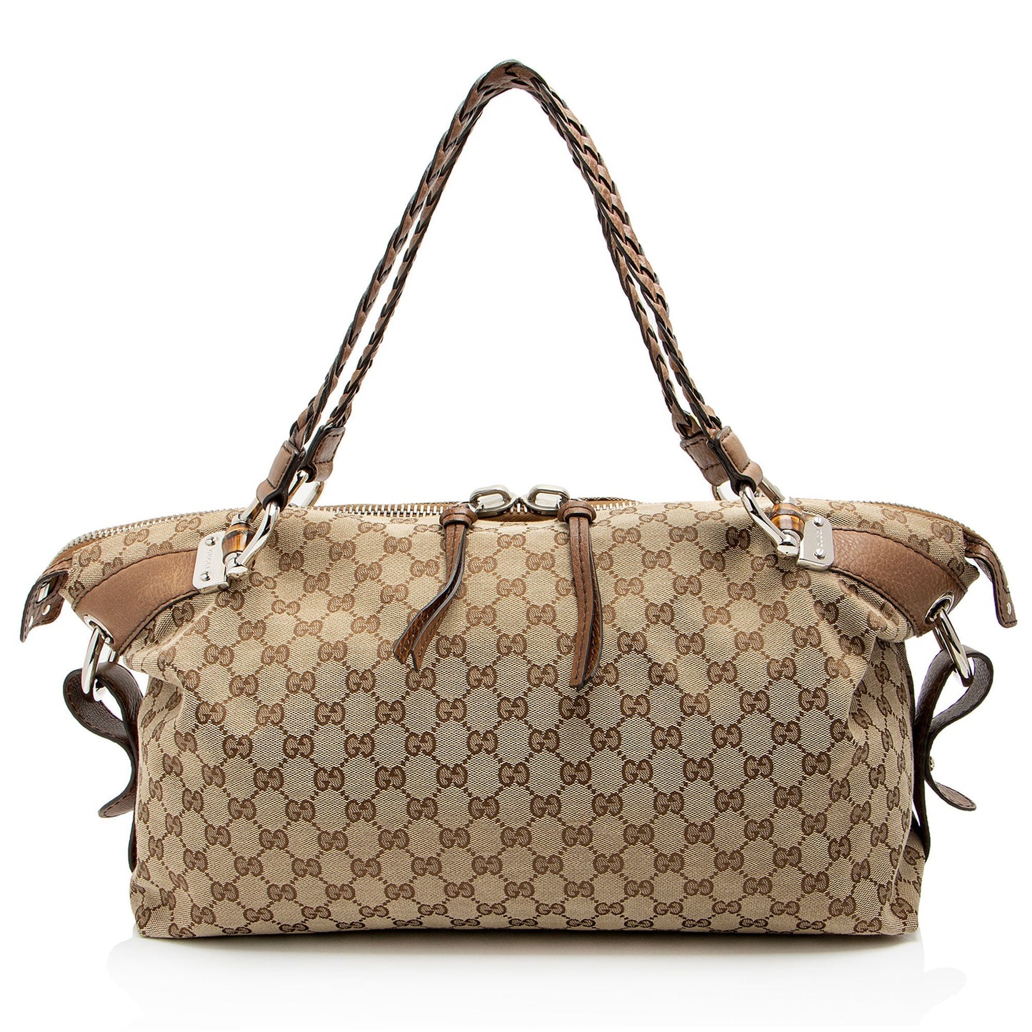 Gucci GG Bamboo Bar Leather Canvas Brown Medium Tote Bag