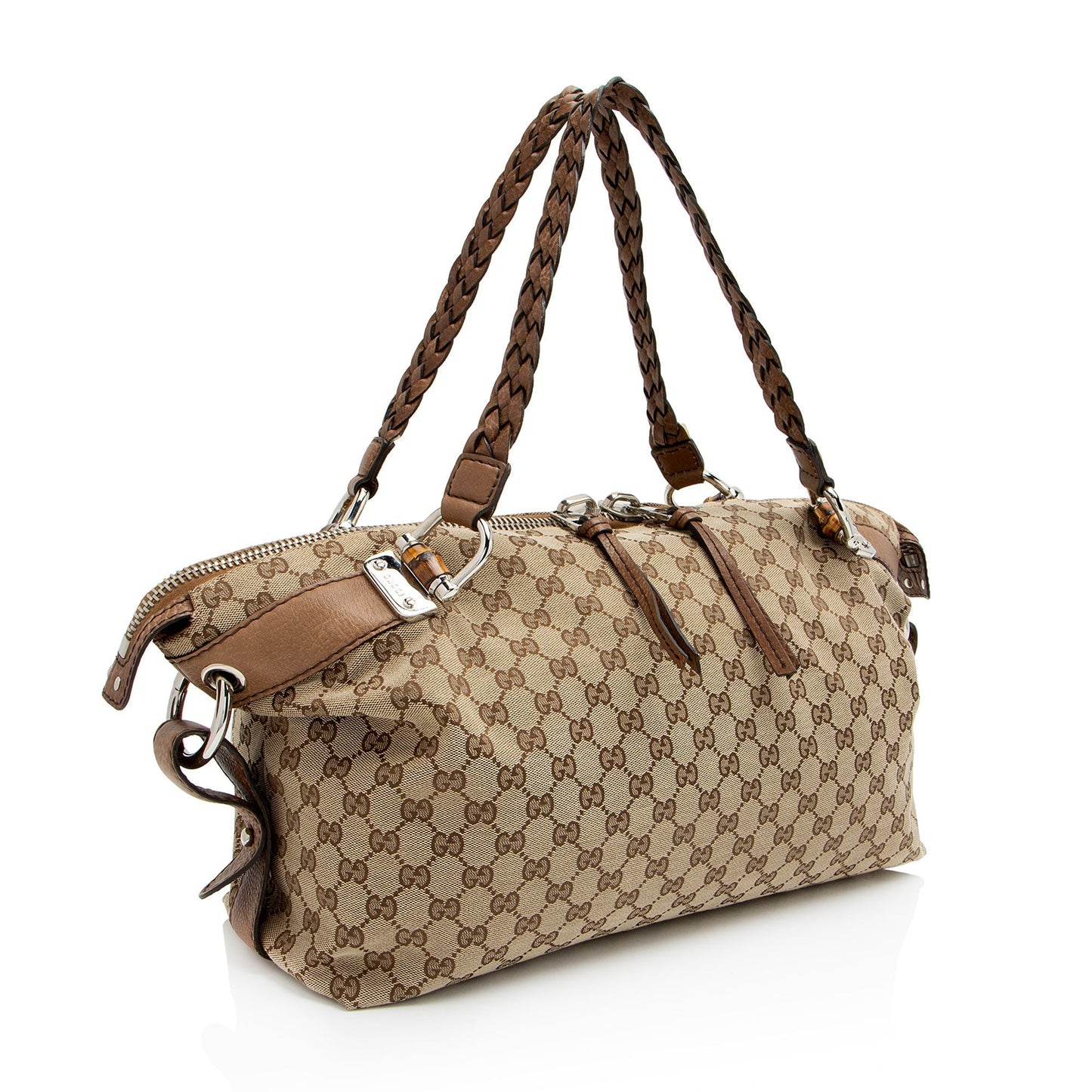 Gucci GG Bamboo Bar Leather Canvas Brown Medium Tote Bag