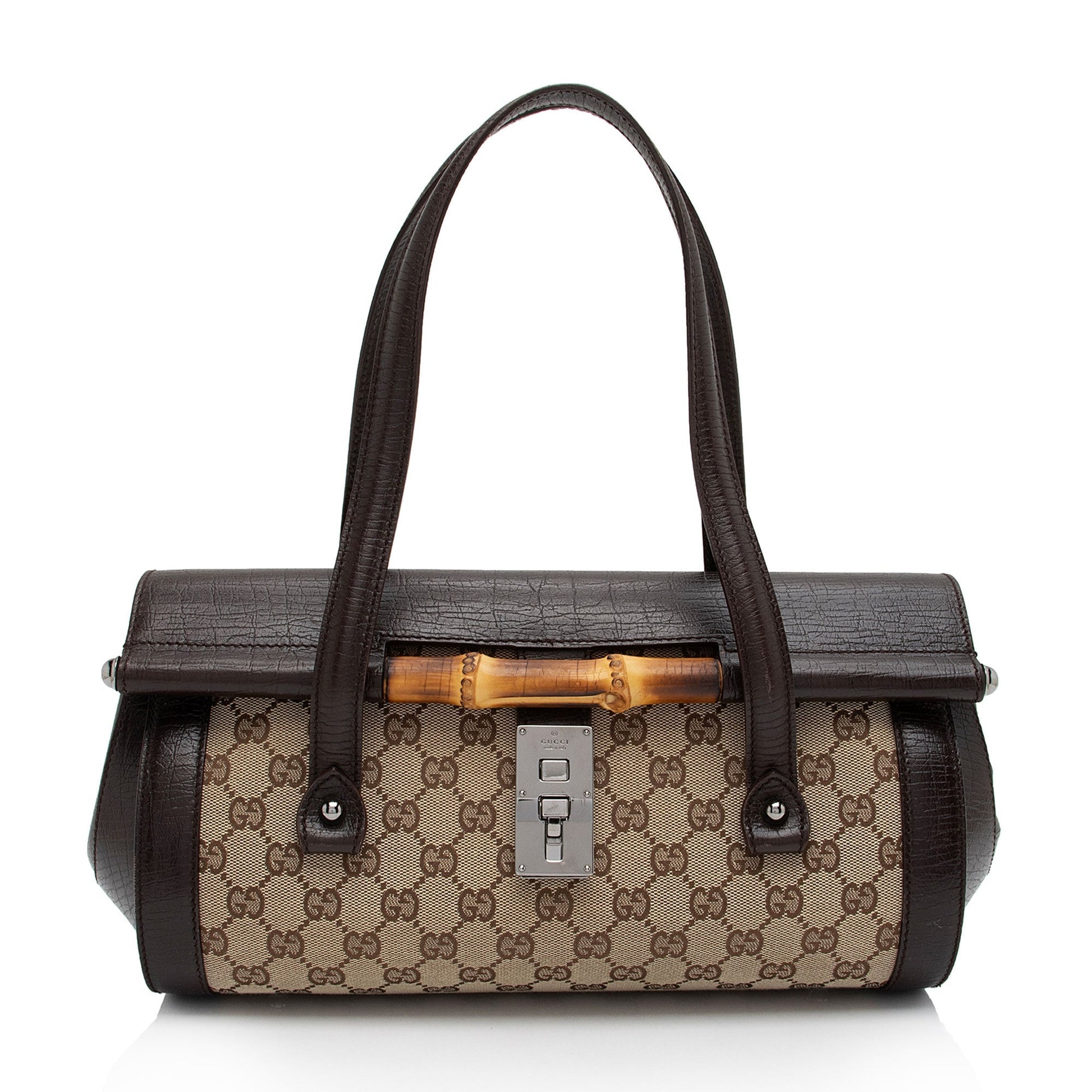 Gucci GG Bamboo Bullet SHF-6OHkiG Leather Canvas Brown Beige Satchel Bag