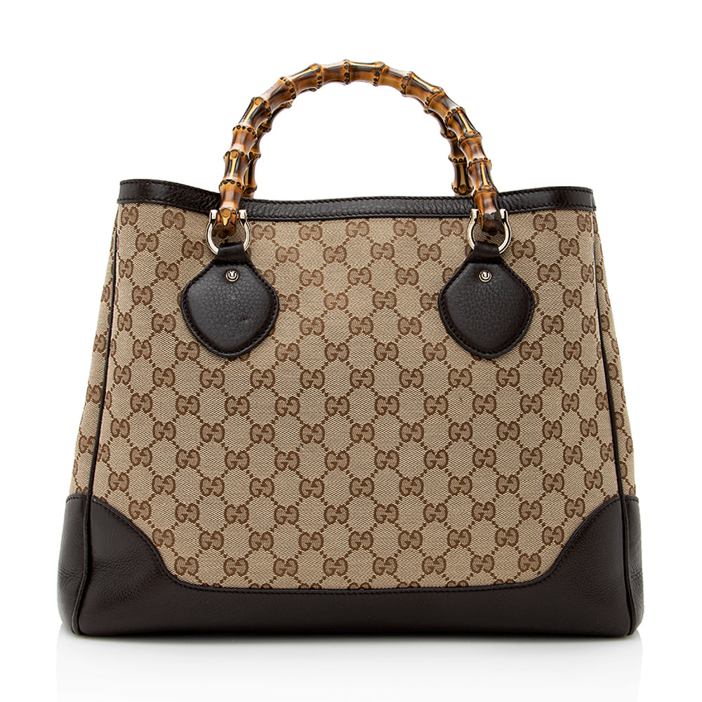 Gucci GG Bamboo Diana SHF Leather Canvas Brown Beige Tote Bag