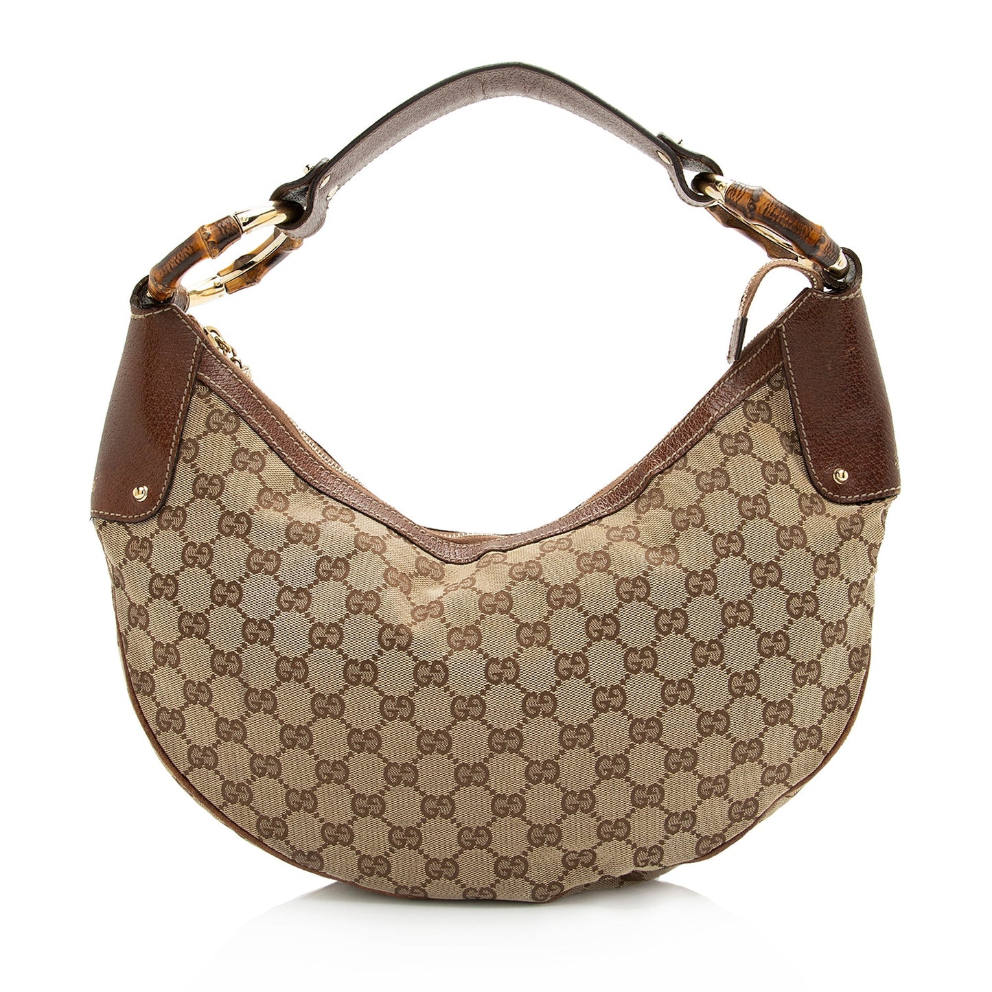 Gucci GG Bamboo Half Moon SHF Leather Canvas Brown Beige Shoulder Bag