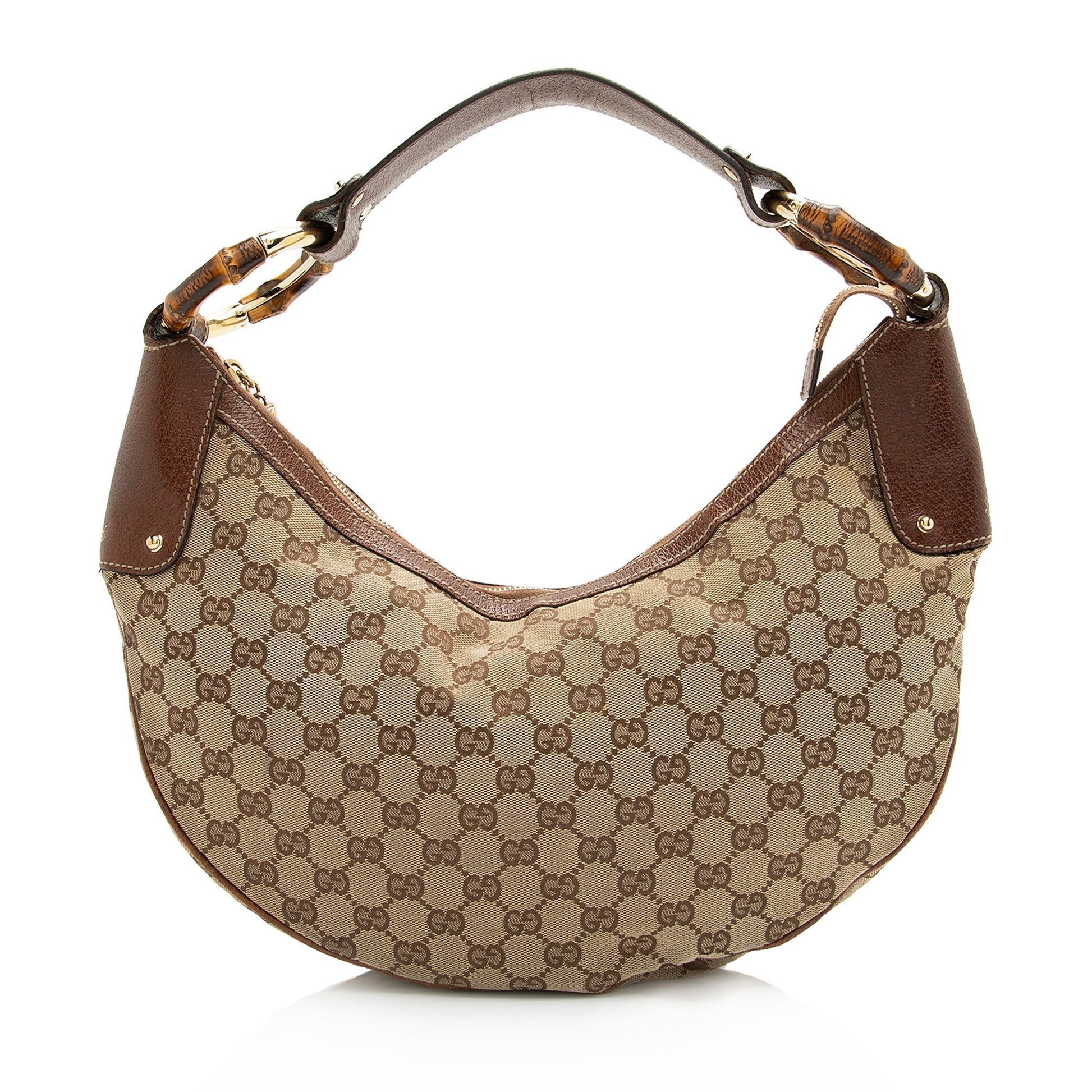 Gucci GG Bamboo Half Moon SHF Leather Canvas Brown Beige Shoulder Bag