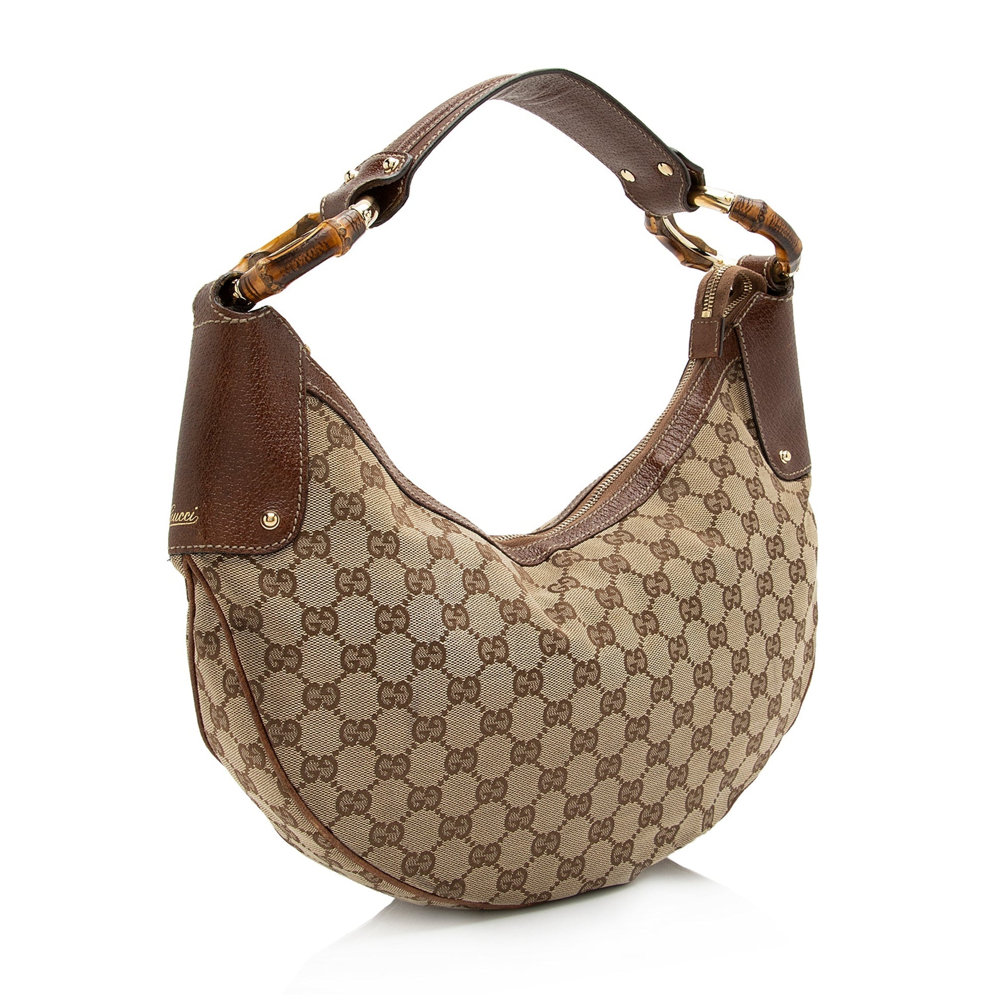 Gucci GG Bamboo Half Moon SHF Leather Canvas Brown Beige Shoulder Bag
