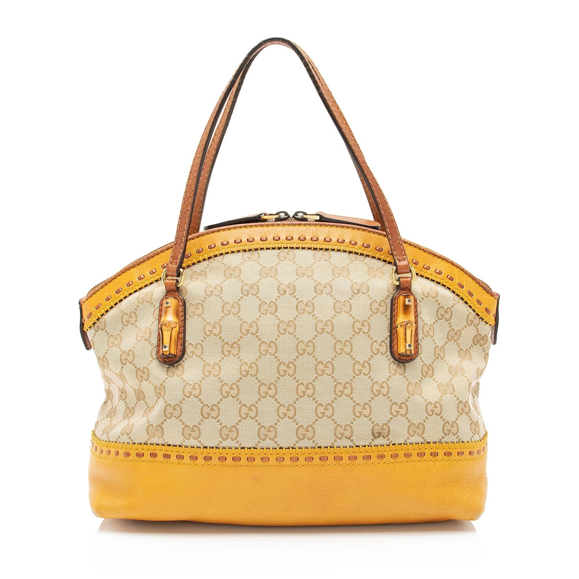 Gucci GG Bamboo Laidback Crafty Dome Leather Canvas Beige Satchel Bag