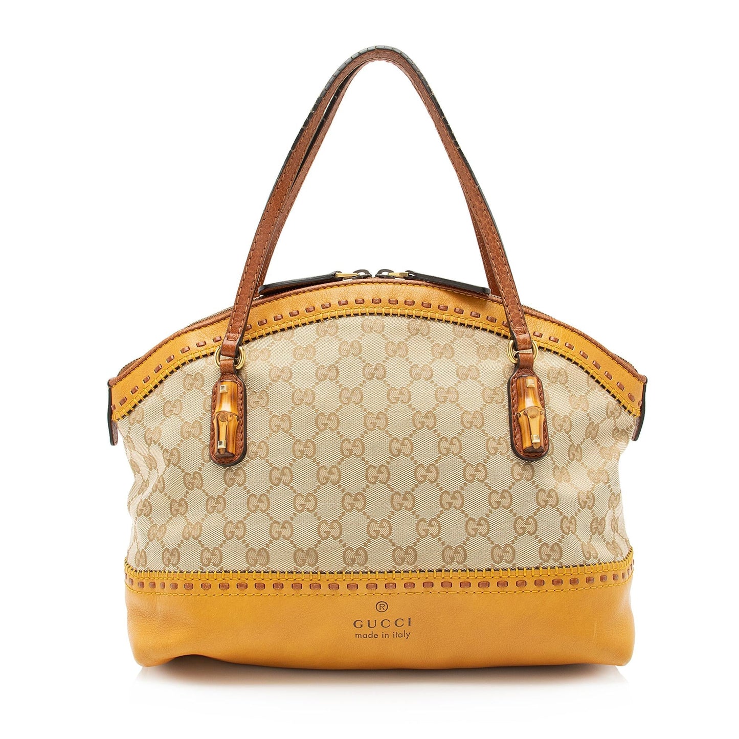 Gucci GG Bamboo Laidback Crafty Dome Leather Canvas Beige Satchel Bag